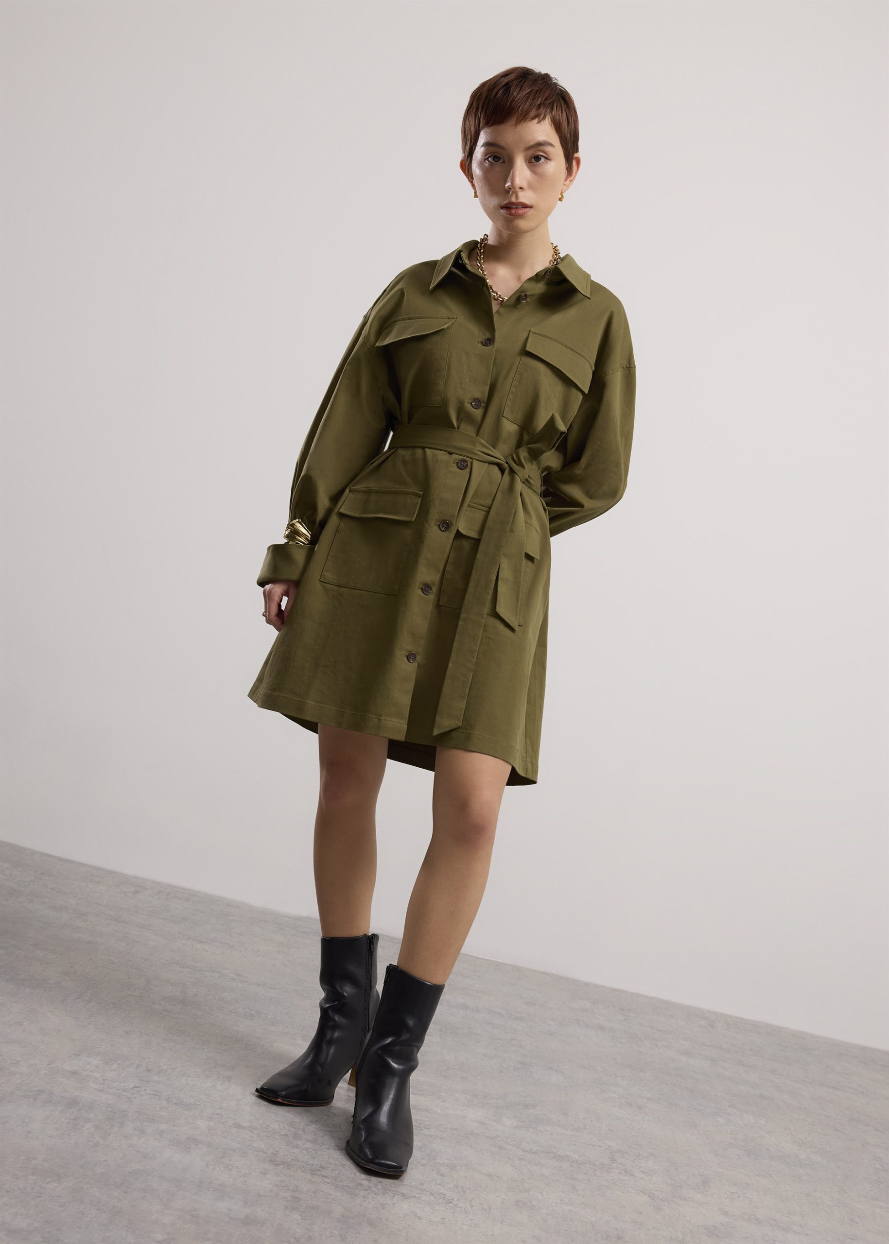Oversized Cotton Twill Button Down Utility Shirt Dress - Image 14