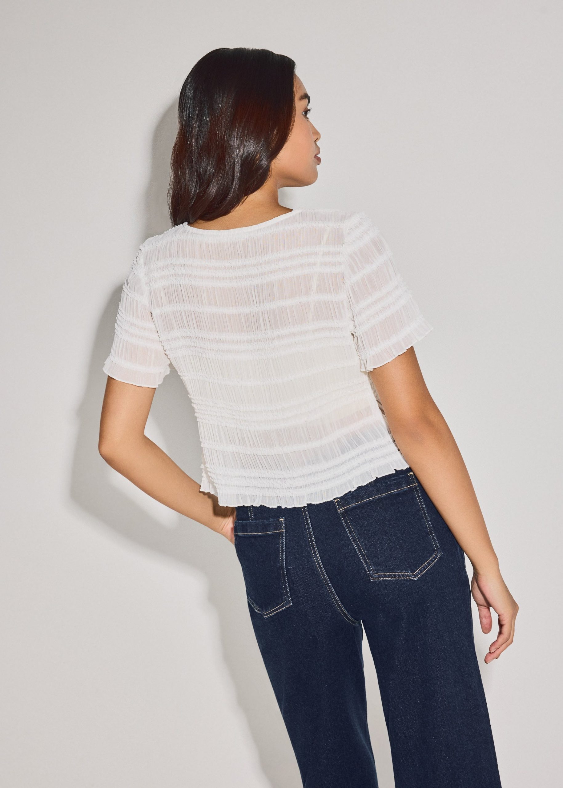 Sheer Crinkled Boat Neck Fitted Button Down Top - Image 12
