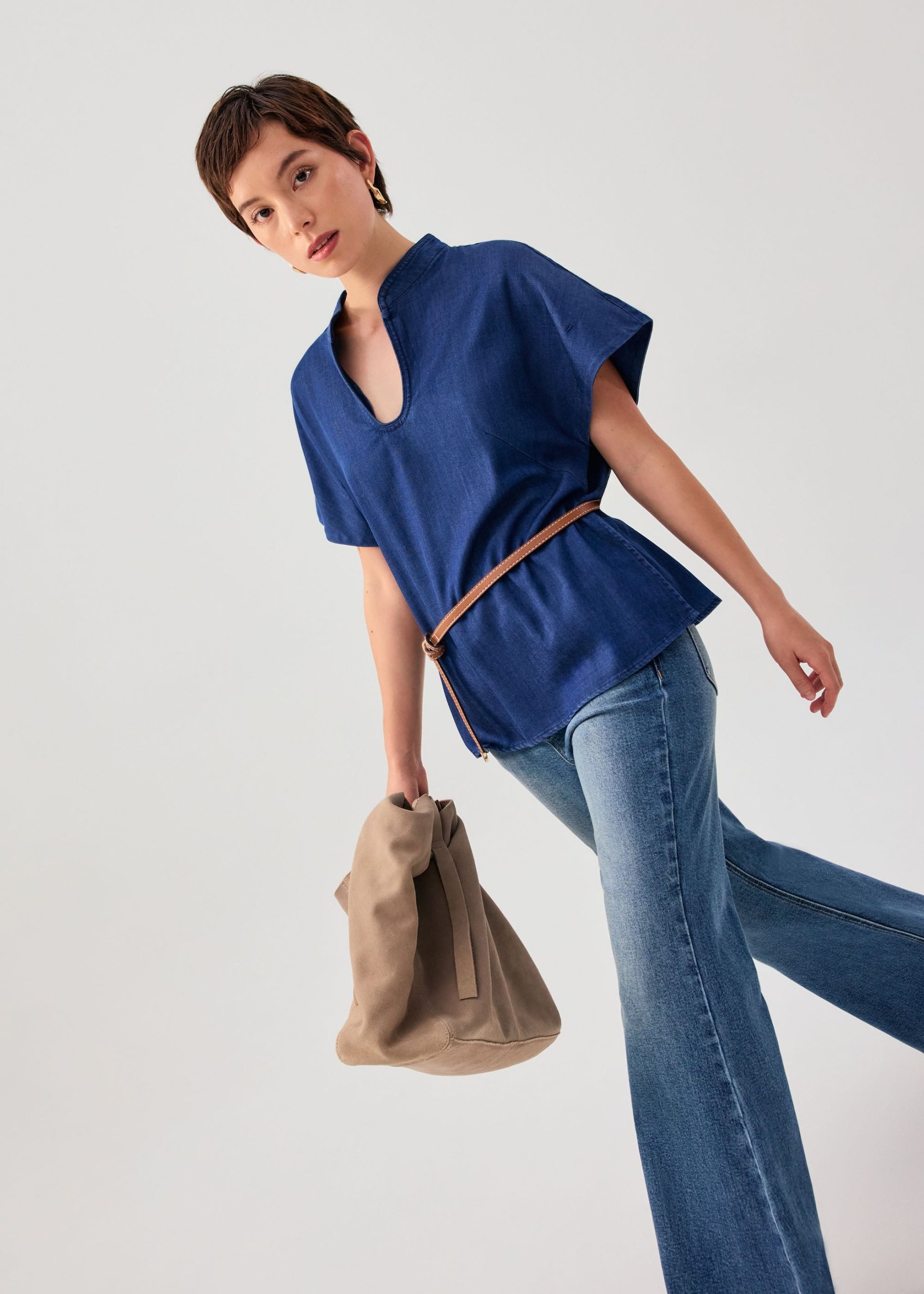 Chambray Mandarin Collar Drop Shoulder Top - Image 2