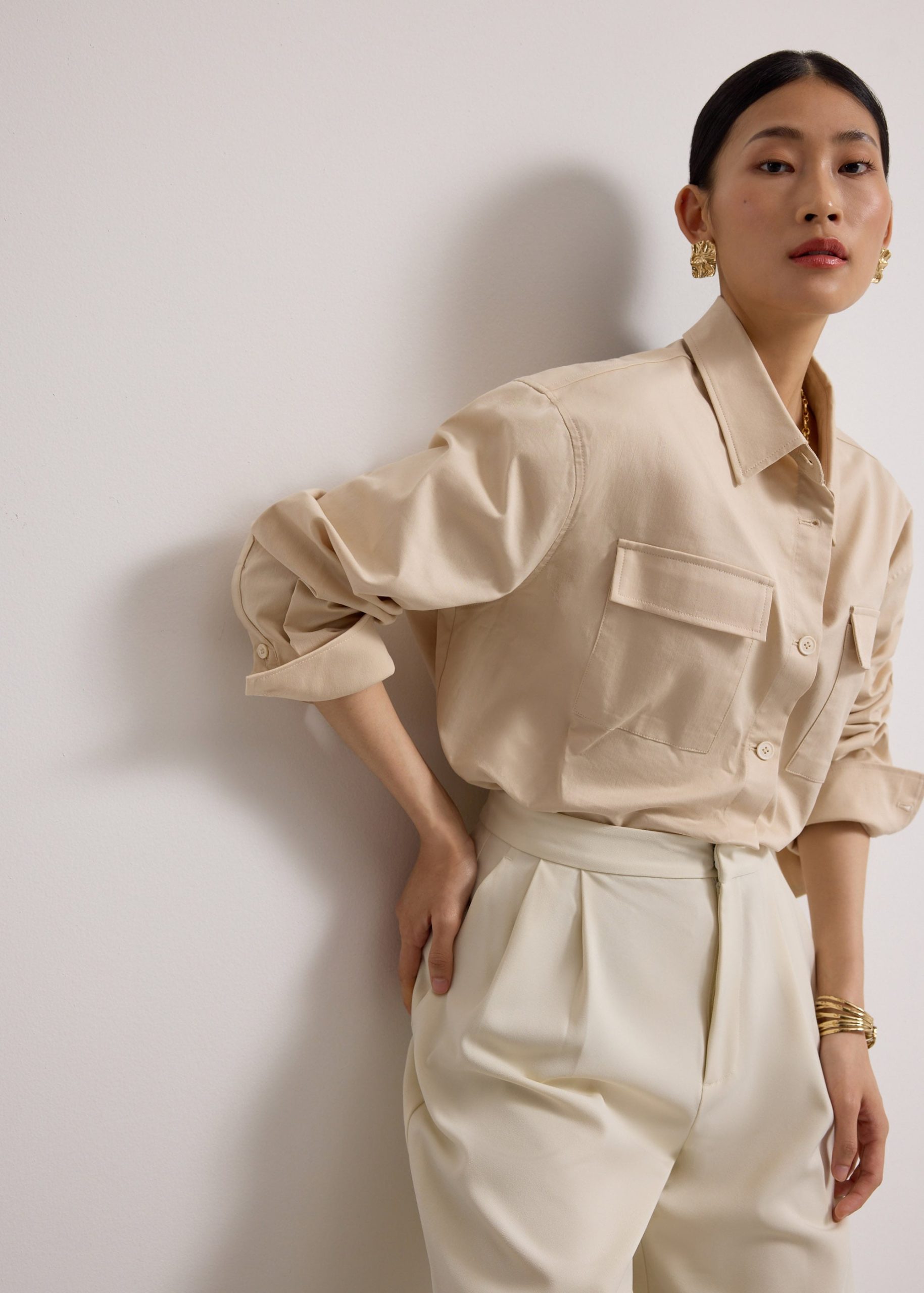RuchedReady® Oversized Cotton Twill Button Down Utility Shirt - Image 8