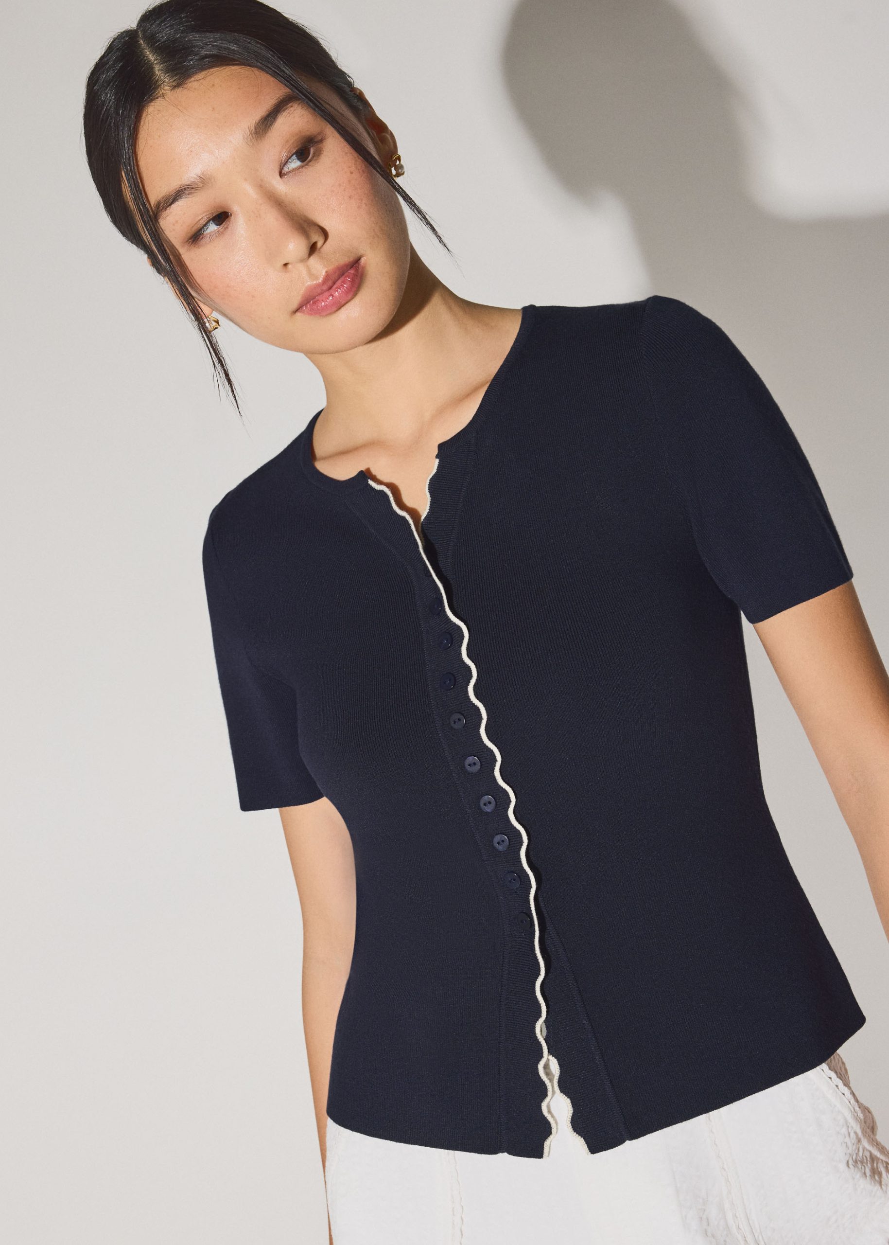 Knit Scallop Edge Fitted Button Down Top - Image 15