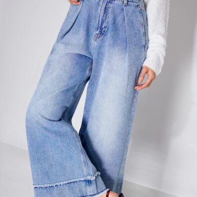 Denim Frayed Hem Mid Waist Wide Leg Jeans