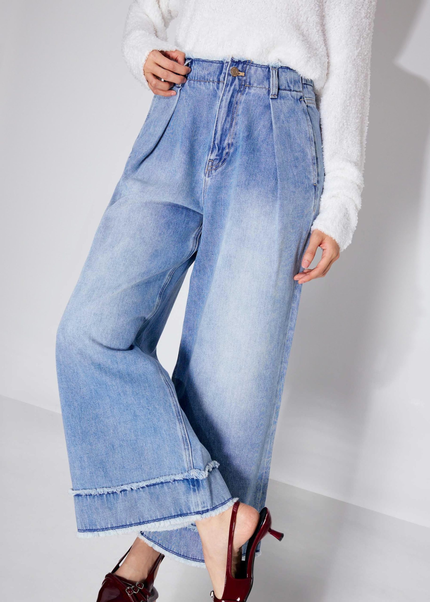 Denim Frayed Hem Mid Waist Wide Leg Jeans