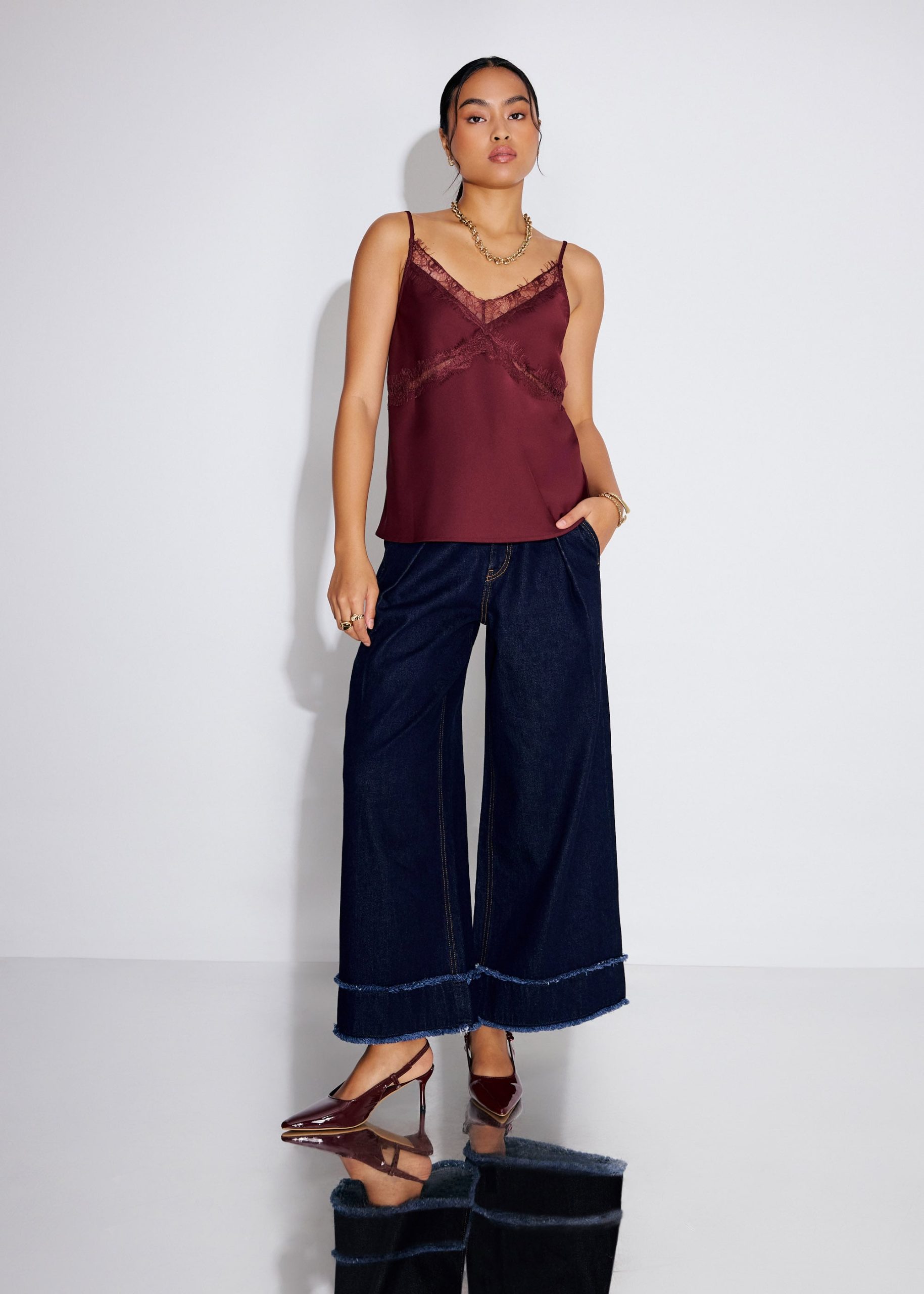 Denim Frayed Hem Mid Waist Wide Leg Jeans - Image 7