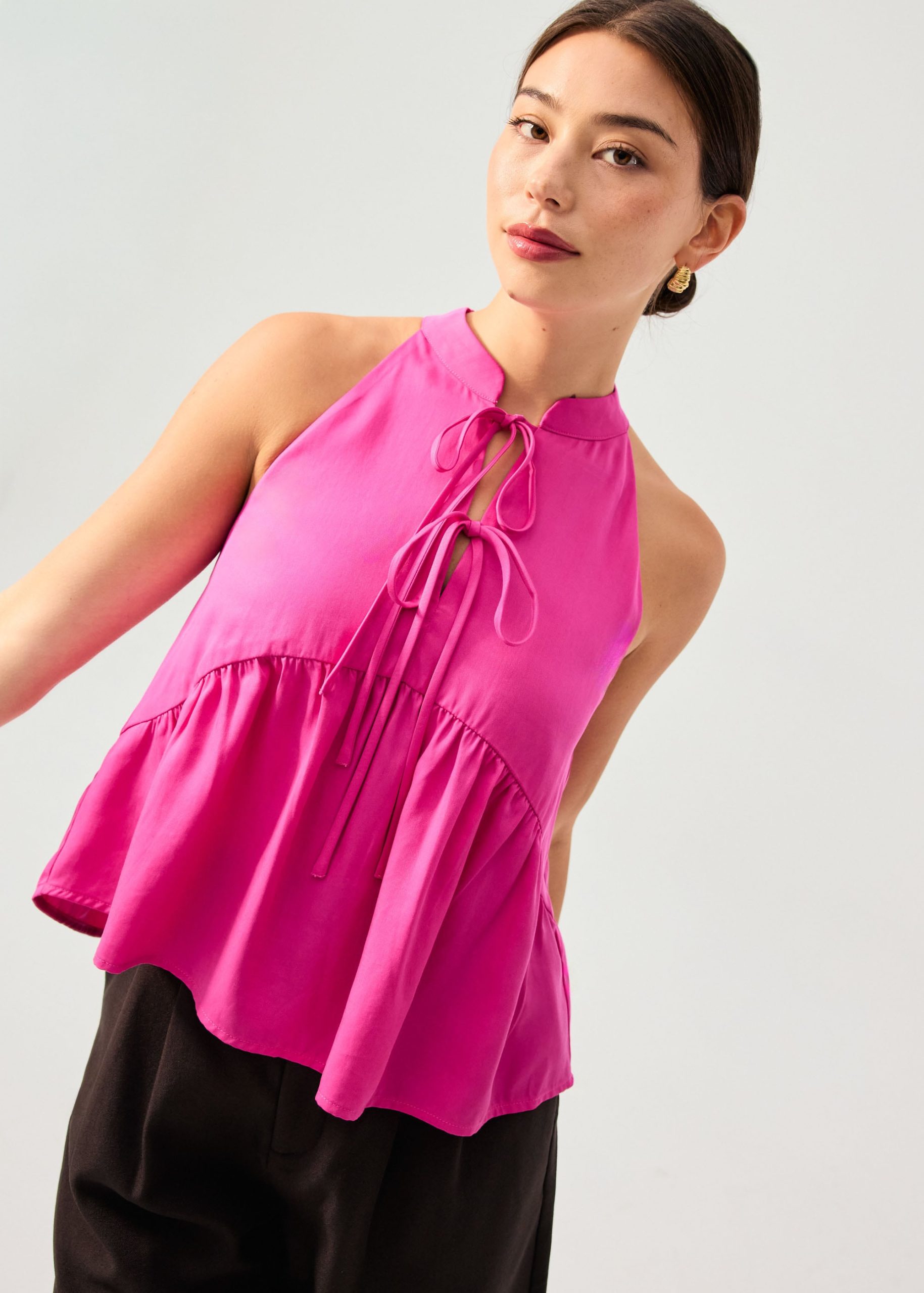 Lyocell Pleated Front Tie Mandarin Collar Peplum Shell Top - Image 7