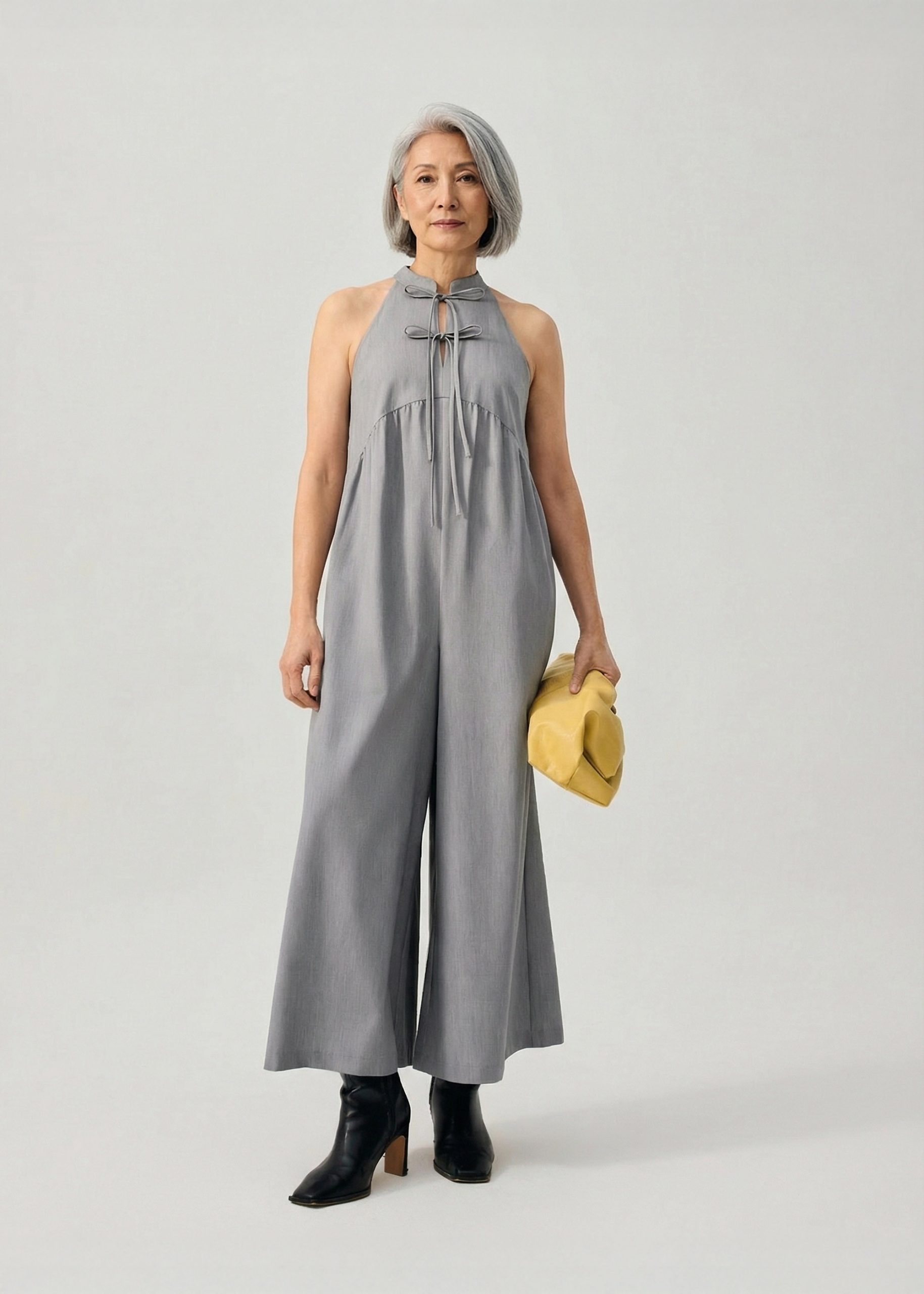 Chambray Mandarin Collar Wide Leg Jumpsuit in Light Grey - Image 6