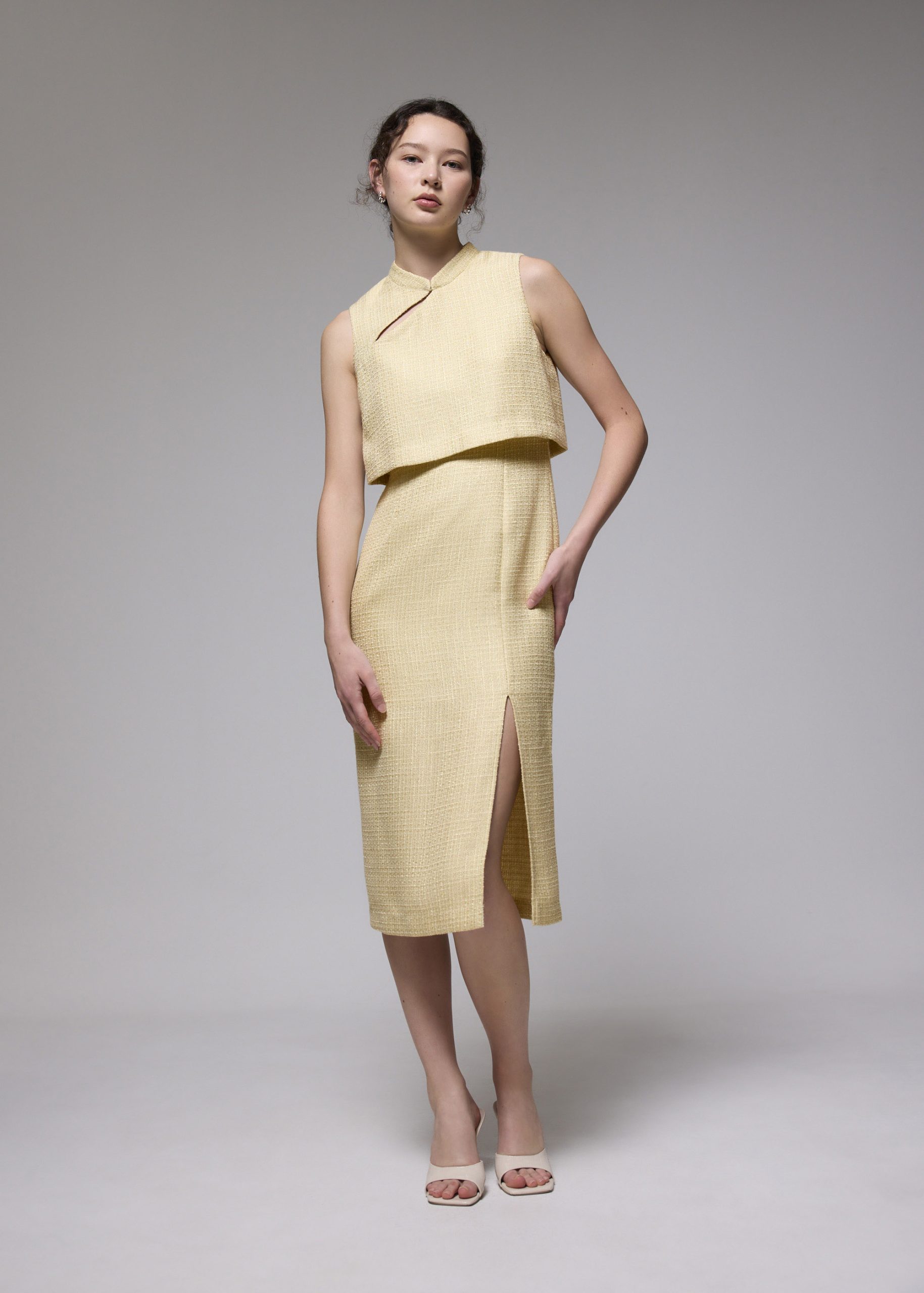 Tweed Mandarin Collar Column Midi Dress - Image 11