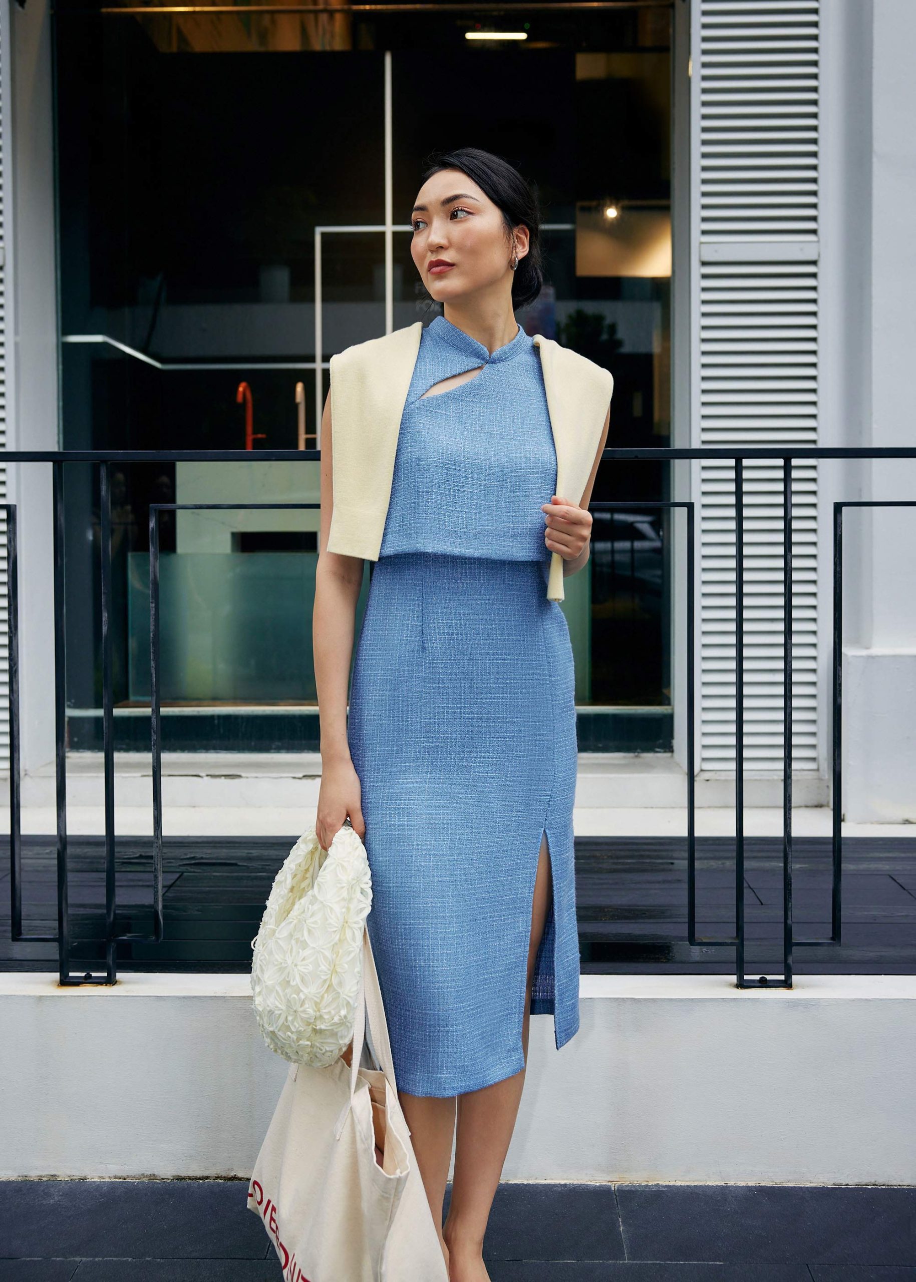 Tweed Mandarin Collar Column Midi Dress - Image 4