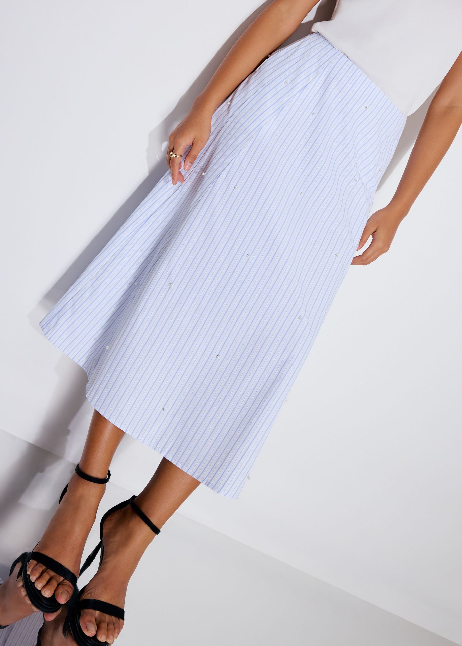 Pearl Embellished Pinstripe Flare Midaxi Skirt