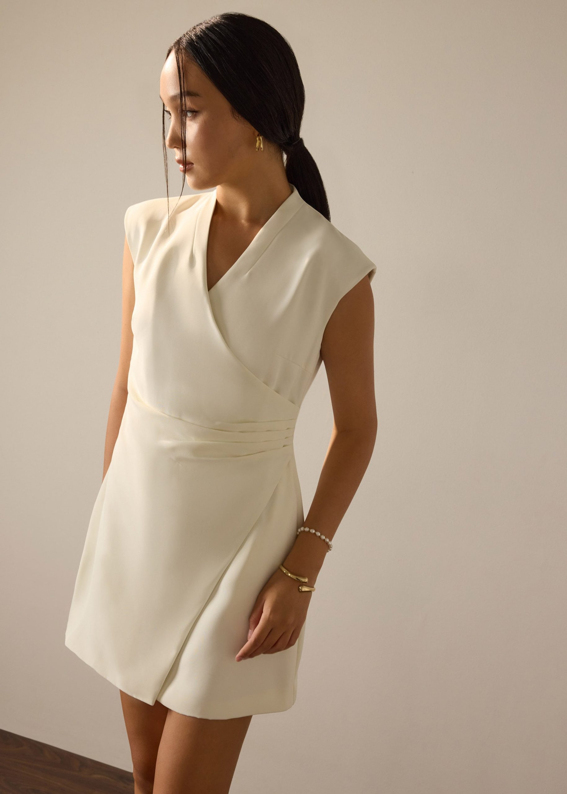 Surisa Shoulder Padded Crepe Drape A-line Mini Dress - Image 8