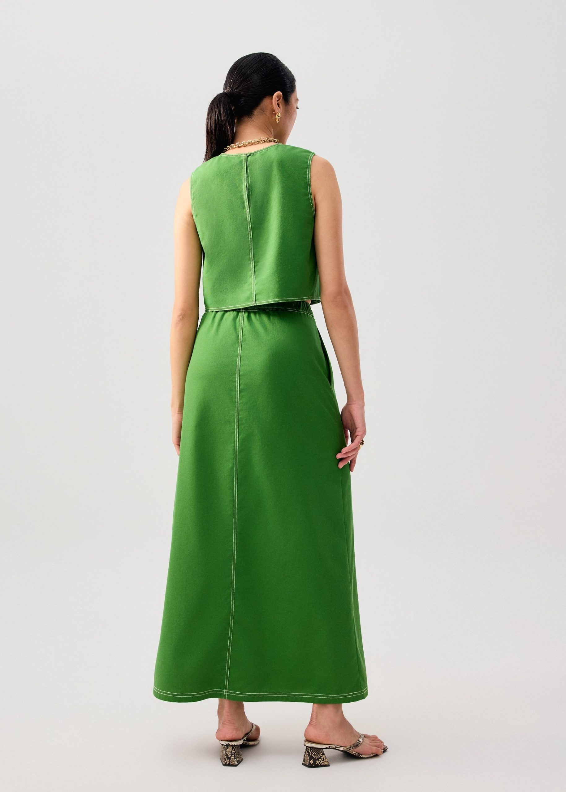 Elastic Contrast Stitch High Waist A-line Maxi Skirt - Image 14