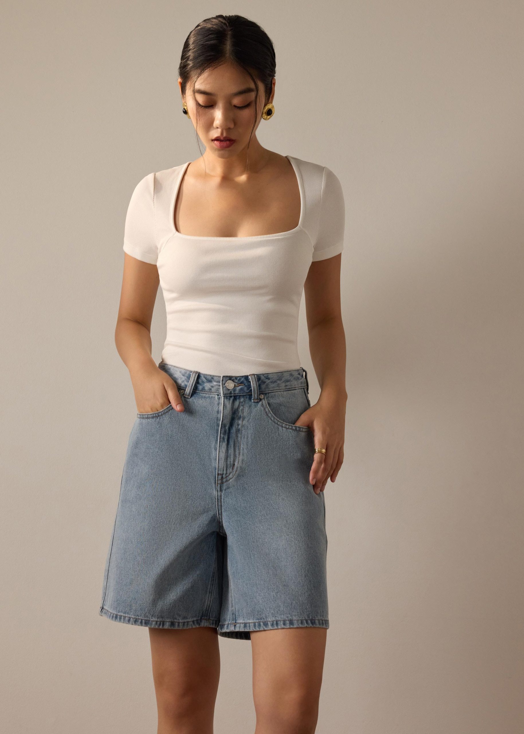 Megan Denim Mid Waist Bermuda Shorts - Image 8