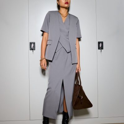 Blake Tailored Pinstripe Front Slit Column Maxi Skirt