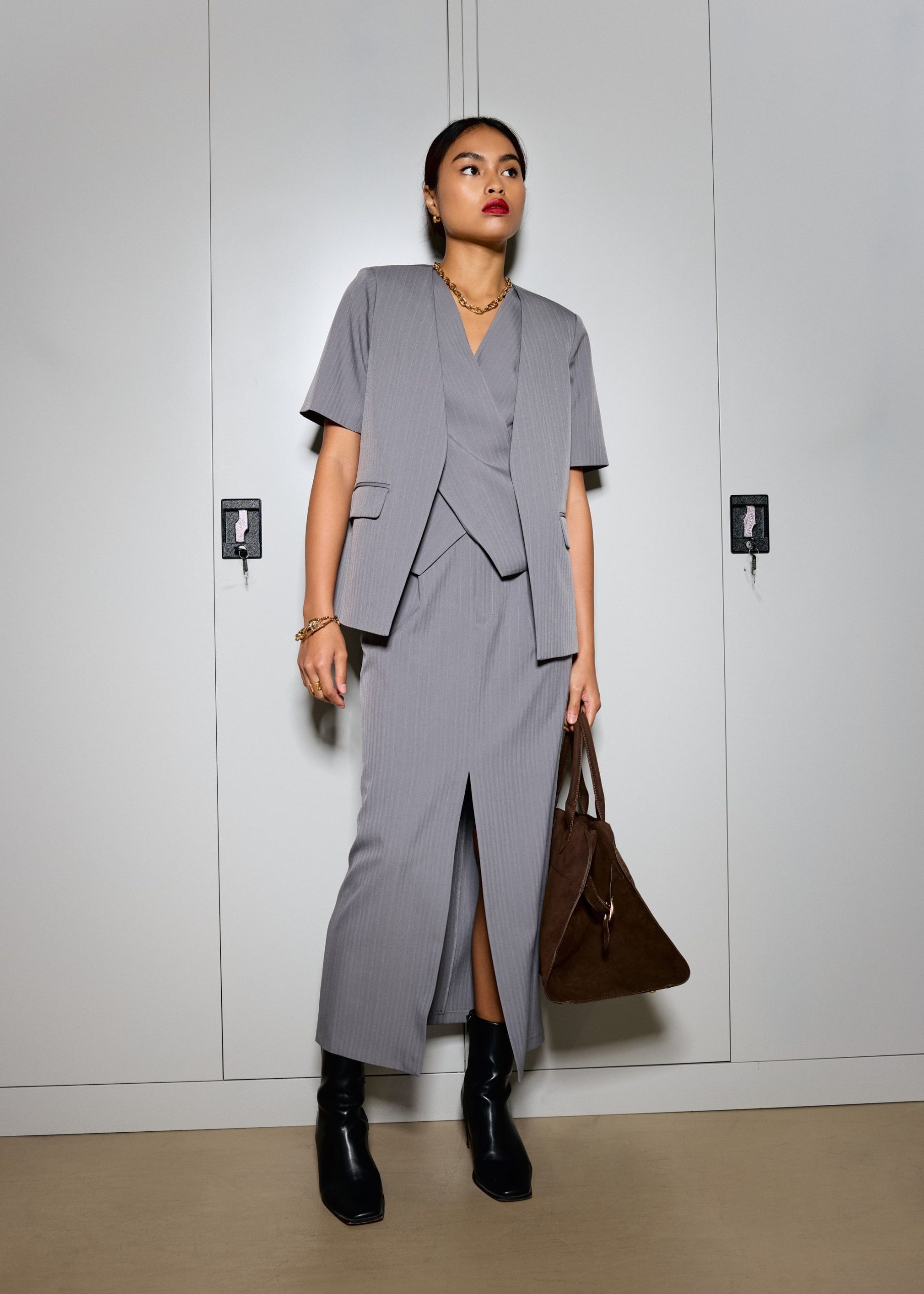 Blake Tailored Pinstripe Front Slit Column Maxi Skirt