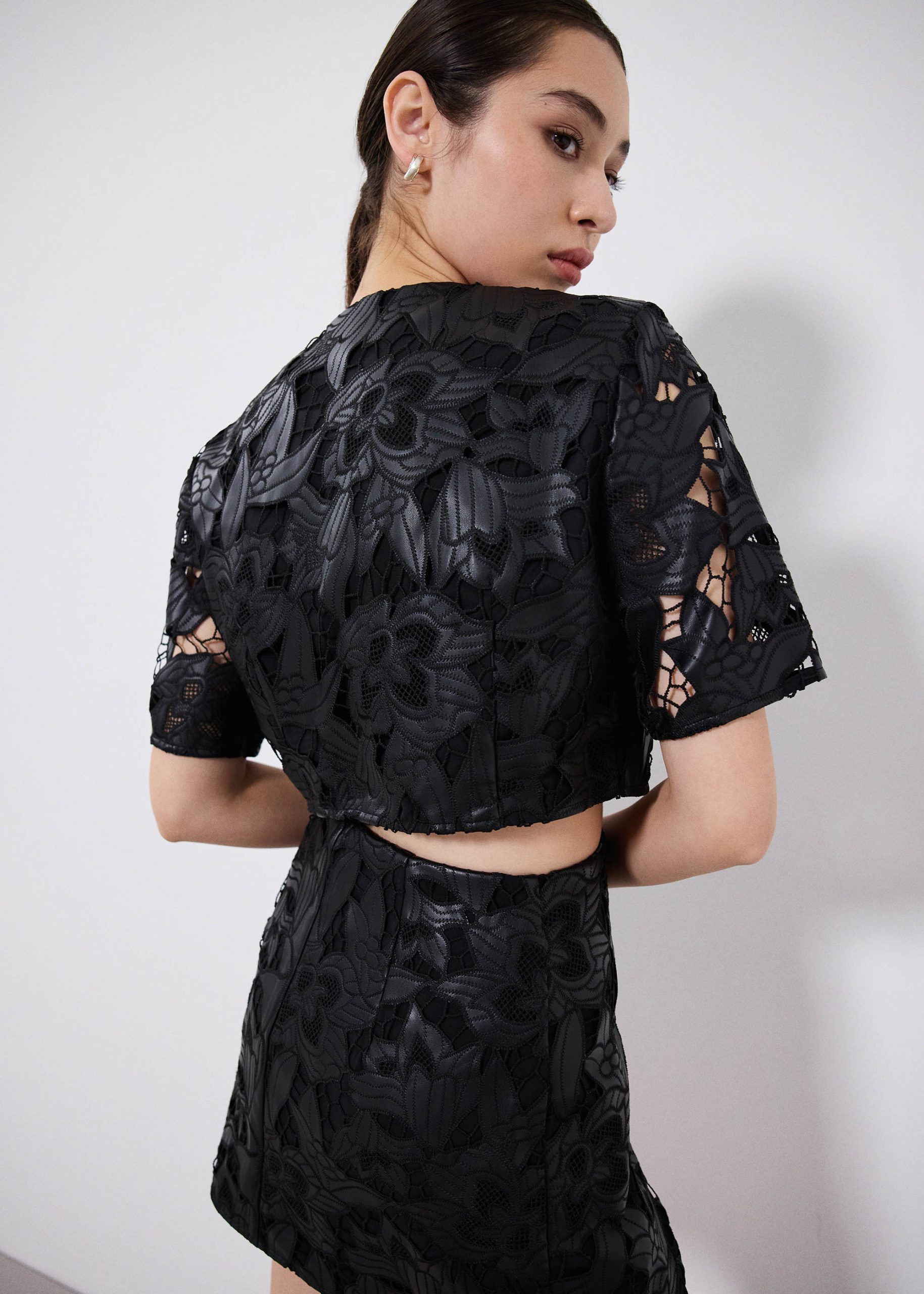 Relaxed Vegan Leather Lace Crop Top - Image 4