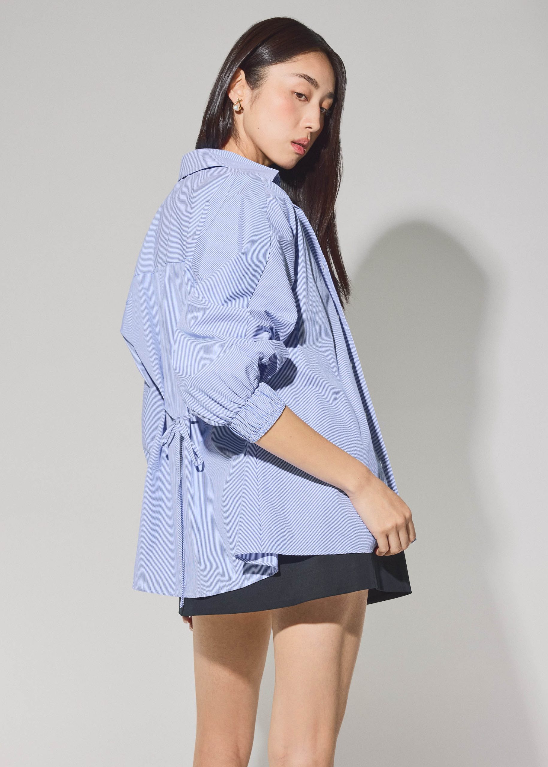 Striped Cotton Collared Puff Sleeve Button Down Top - Image 6