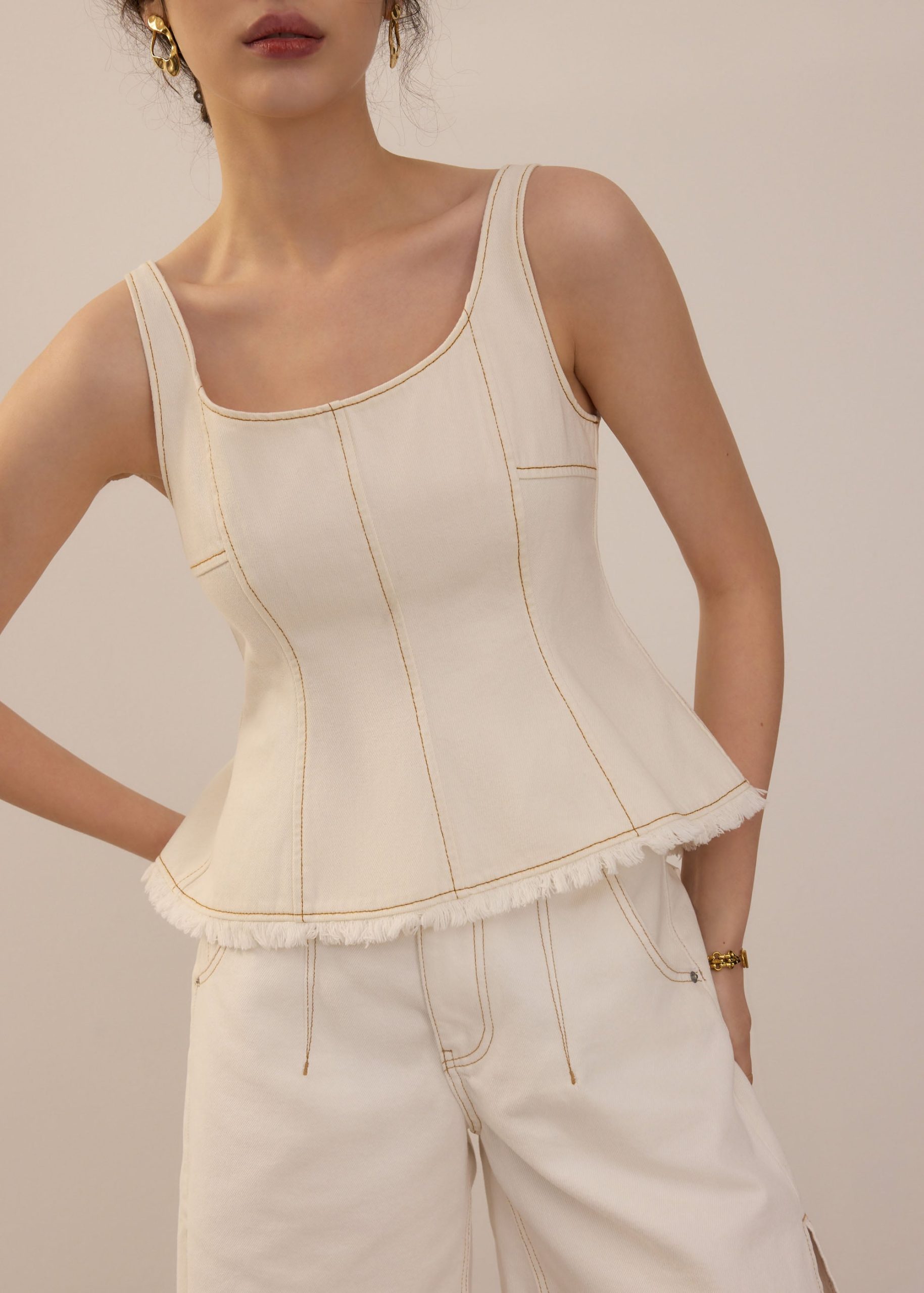 Denim Scoop Neck Peplum Top - Image 7