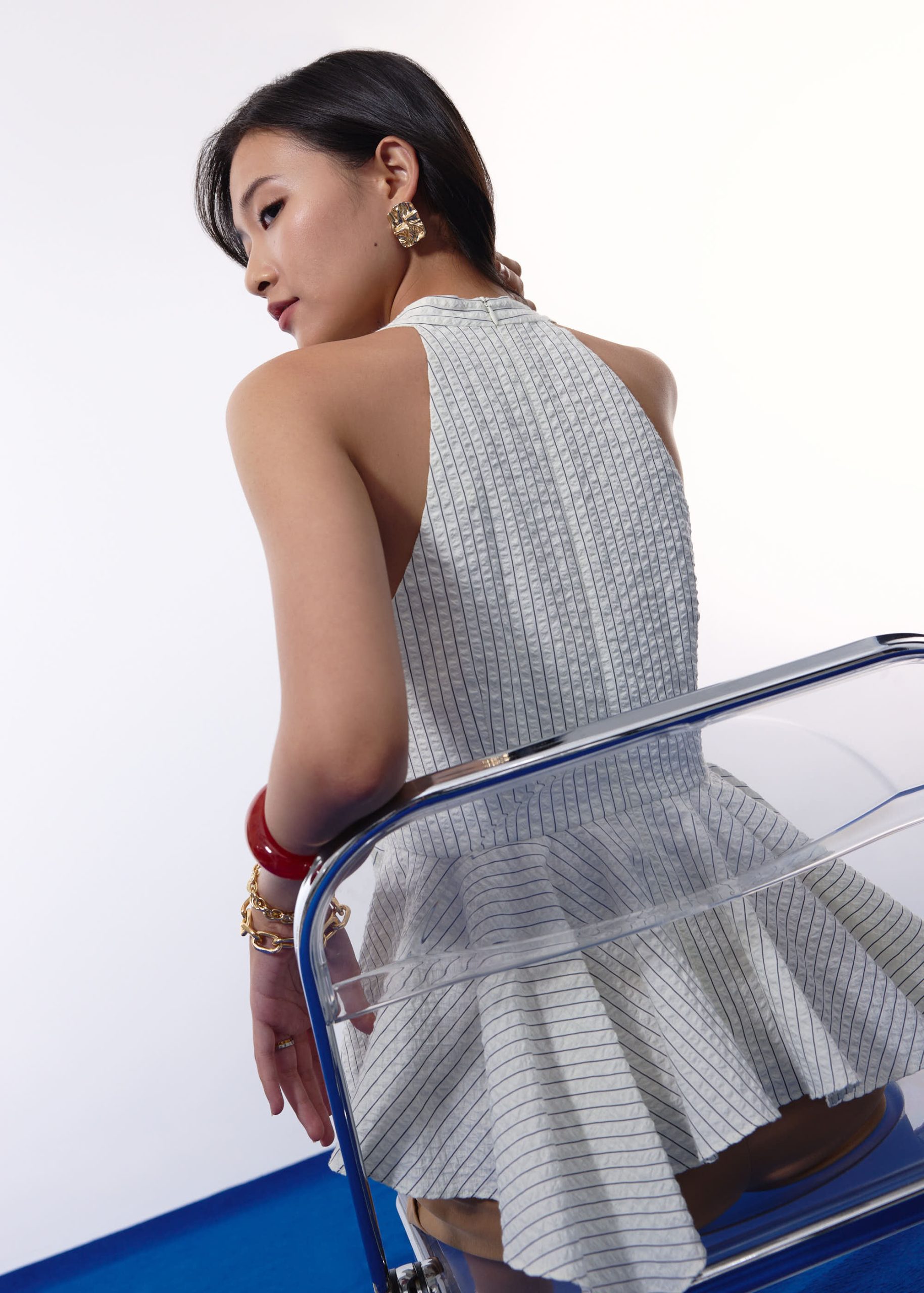Pinstripe Seersucker Halter Peplum Top - Image 9