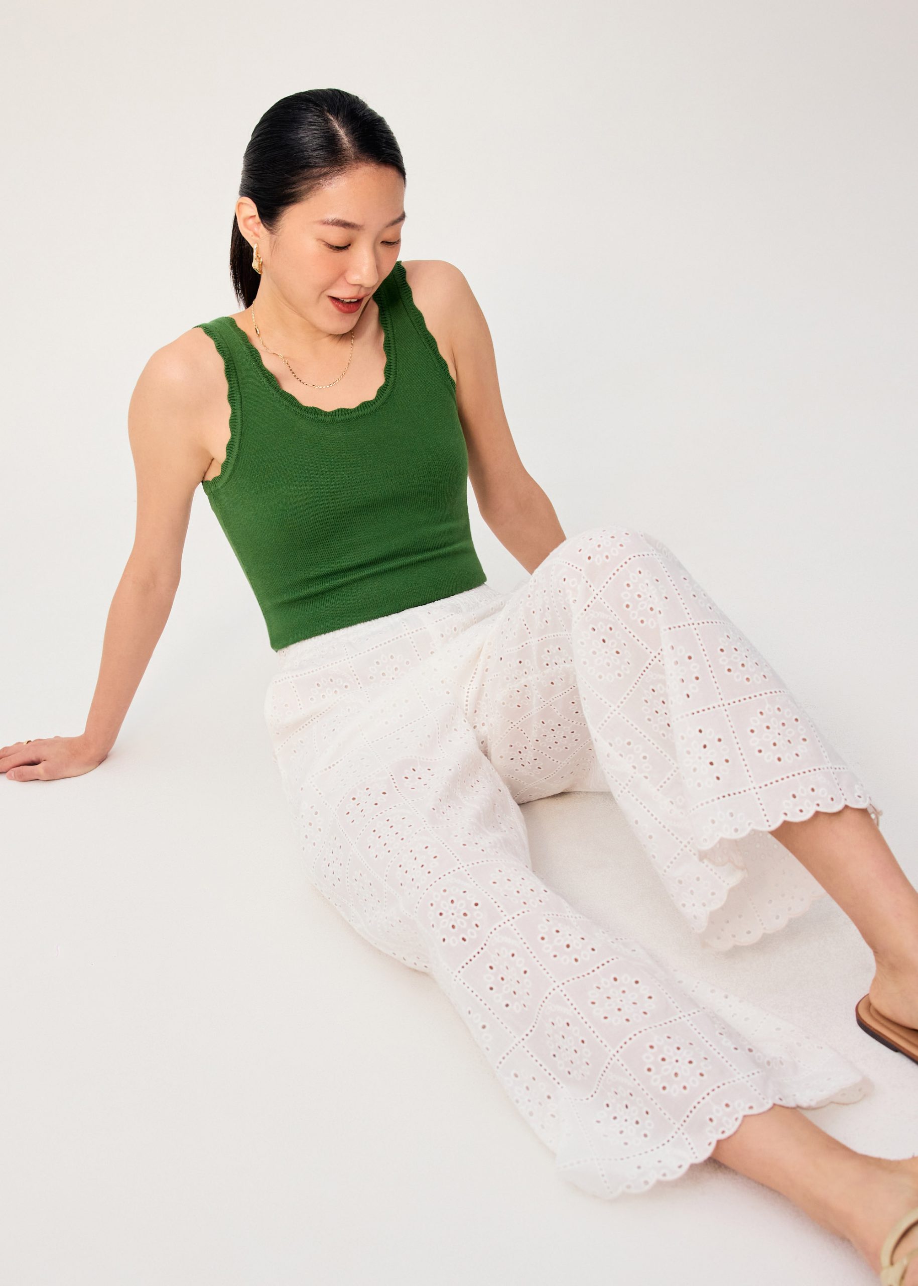 Elastic Cotton Broderie Mid Waist Straight Leg Pants - Image 3