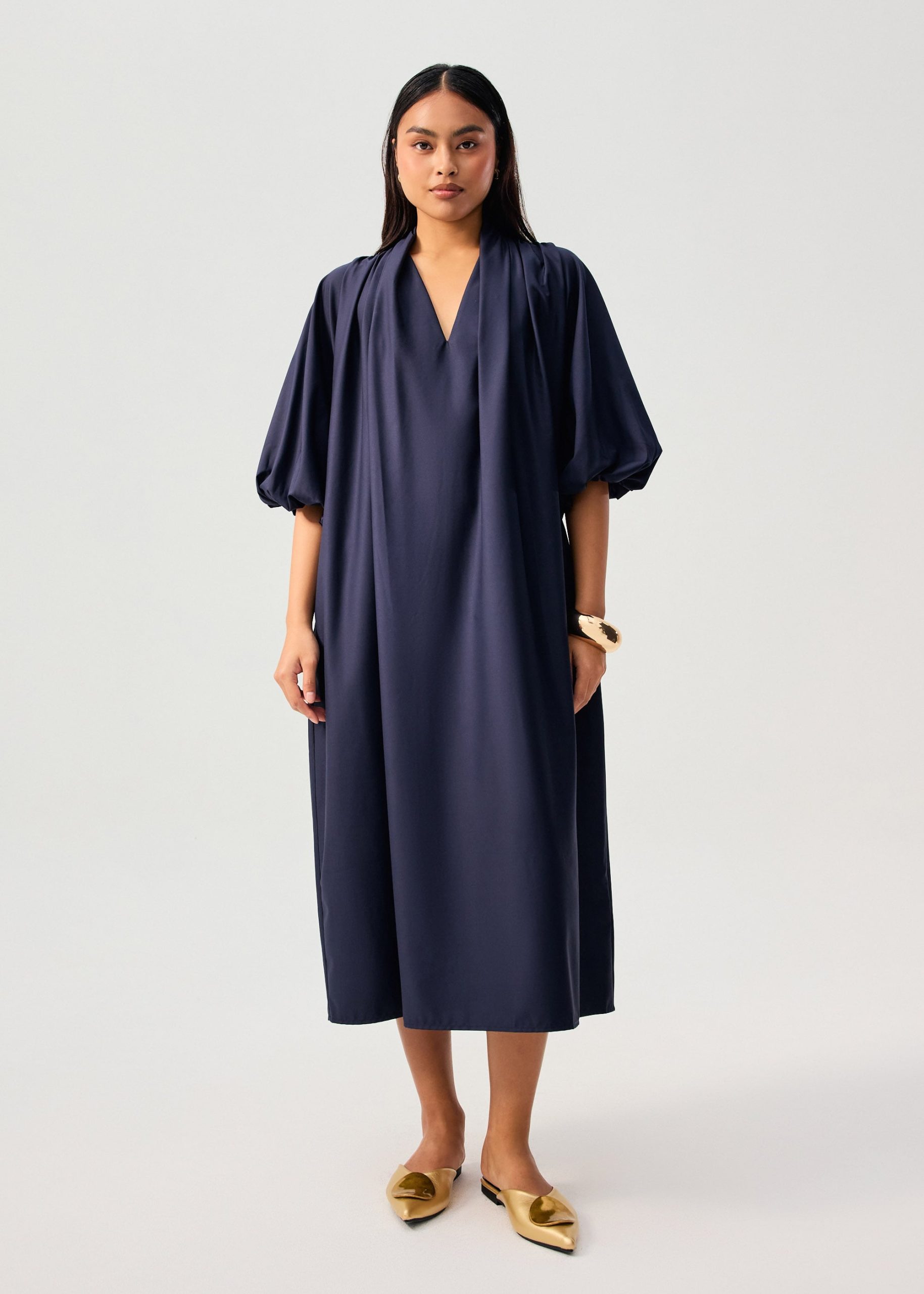 Detachable Sash Tie Puff Sleeve Cocoon Midaxi Dress - Image 3