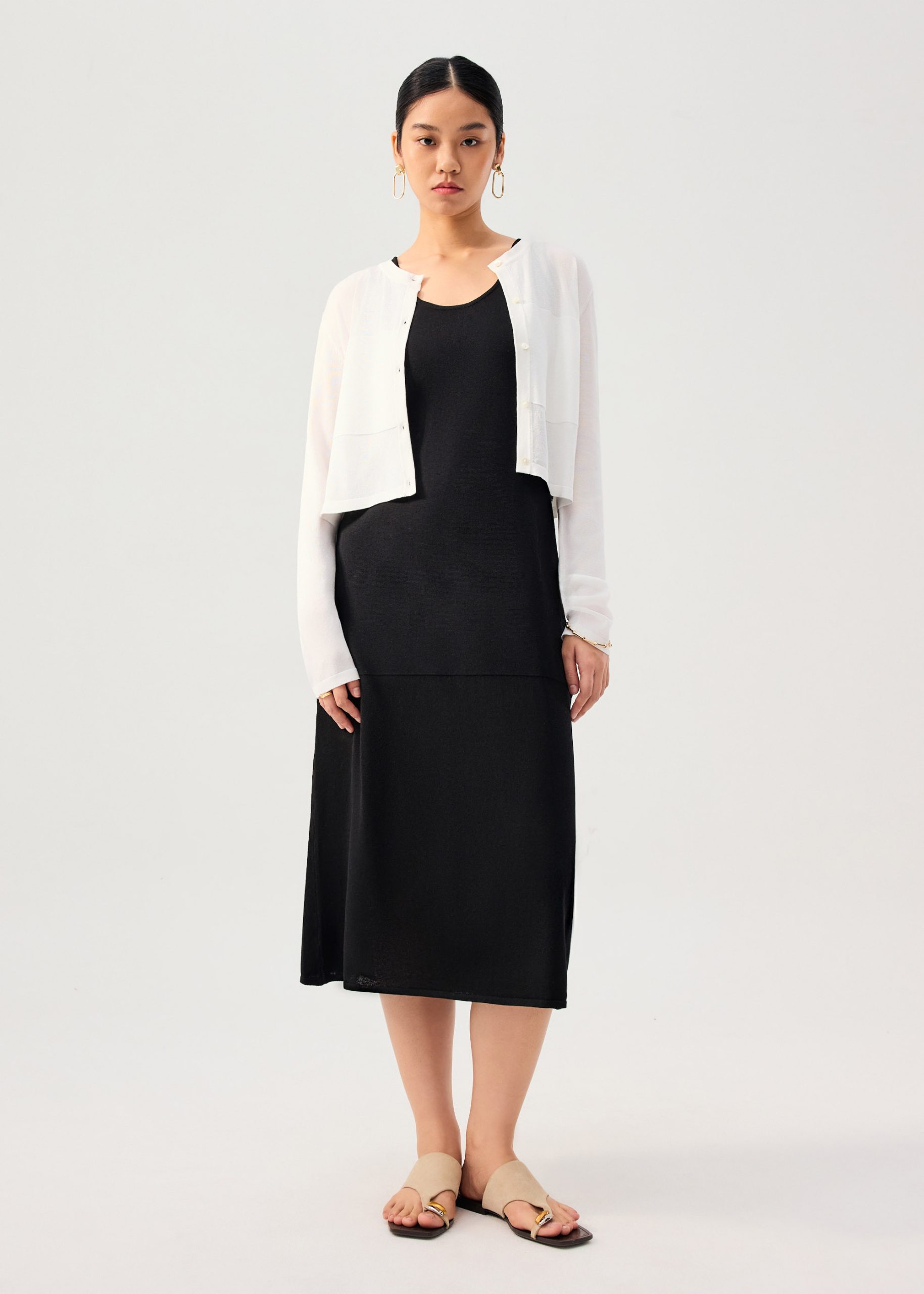 Sheer Knit Front Panel Round Neck Cardigan - Image 9