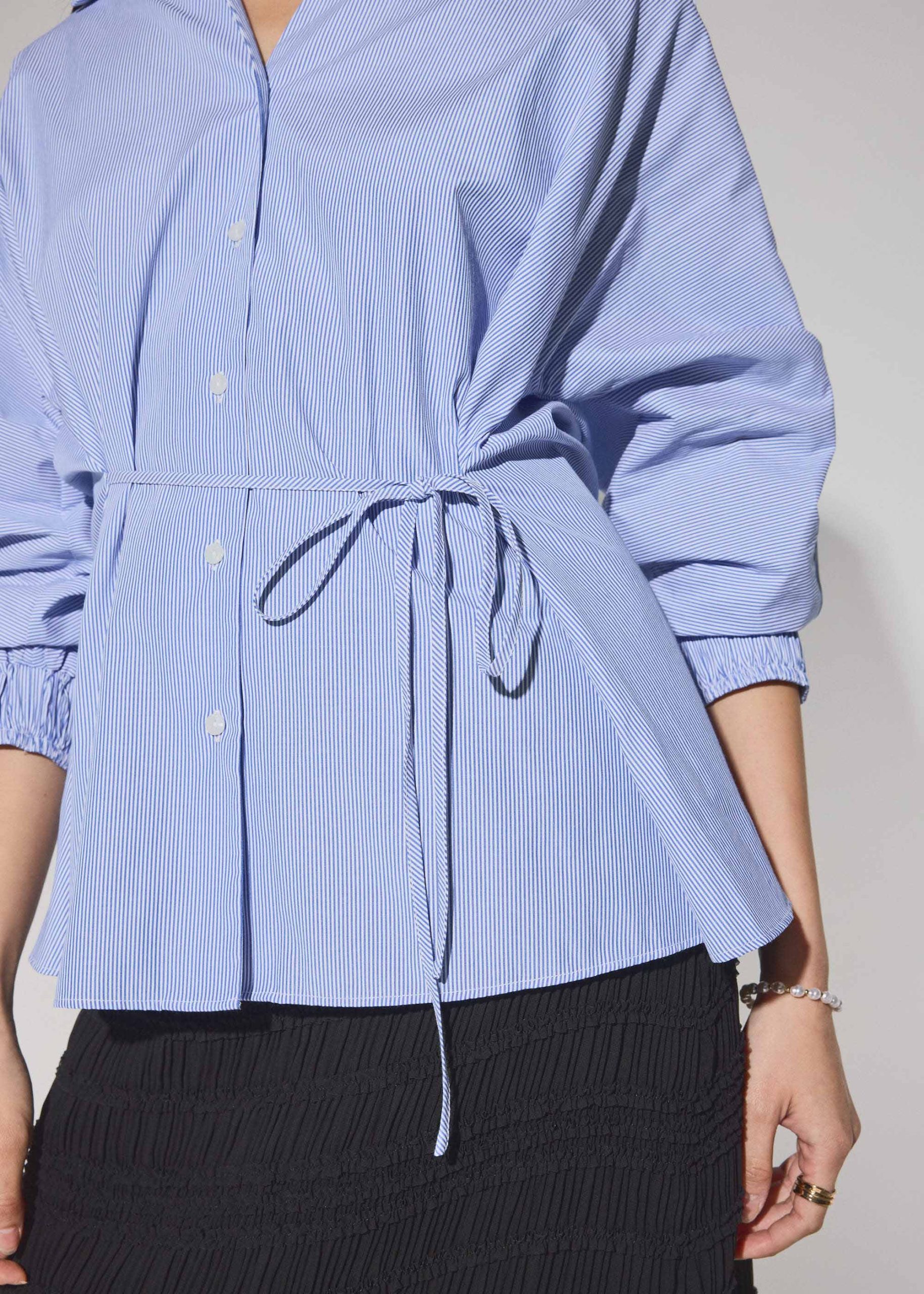 Striped Cotton Collared Puff Sleeve Button Down Top - Image 4