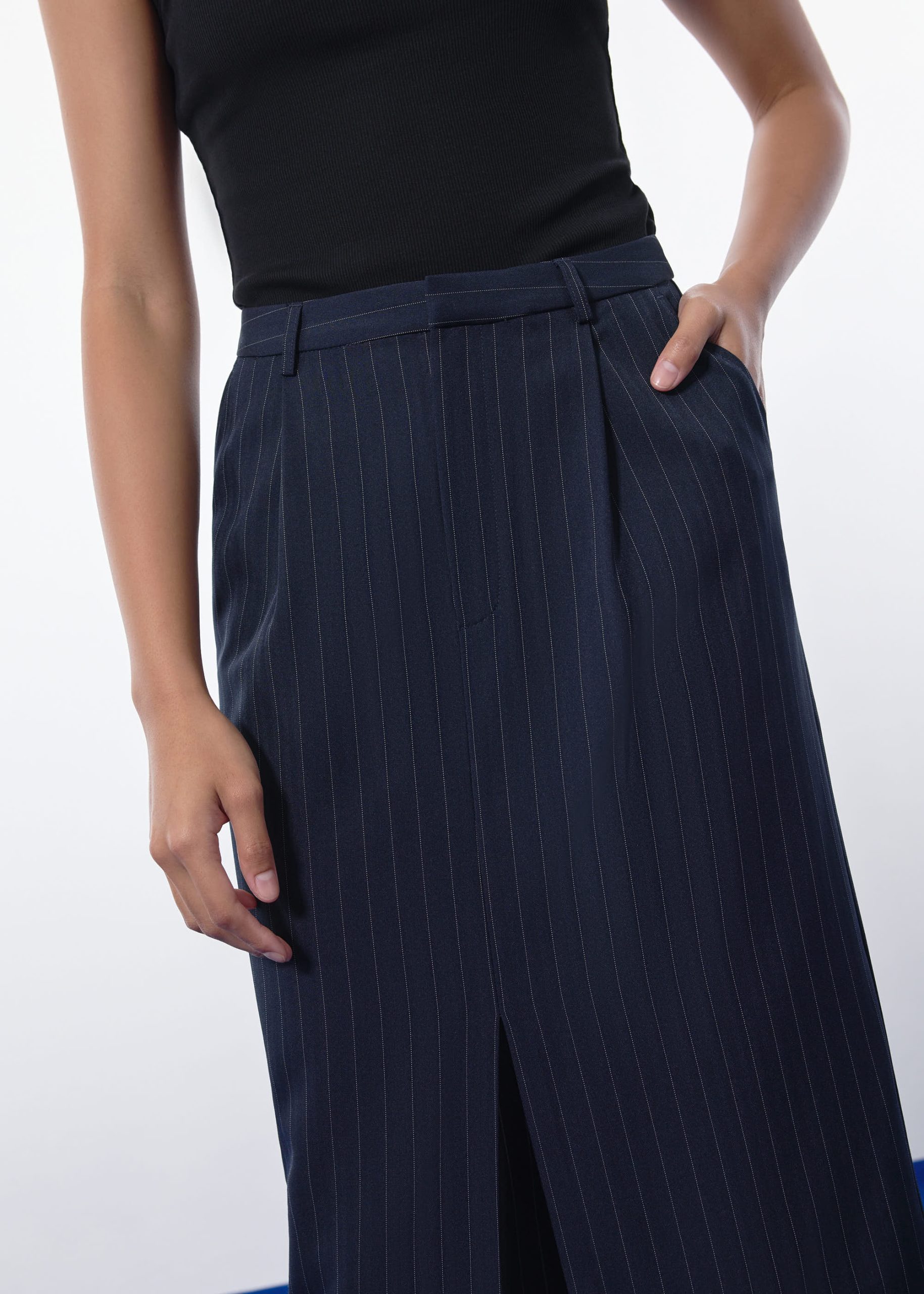 Blake Tailored Pinstripe Front Slit Column Maxi Skirt - Image 9