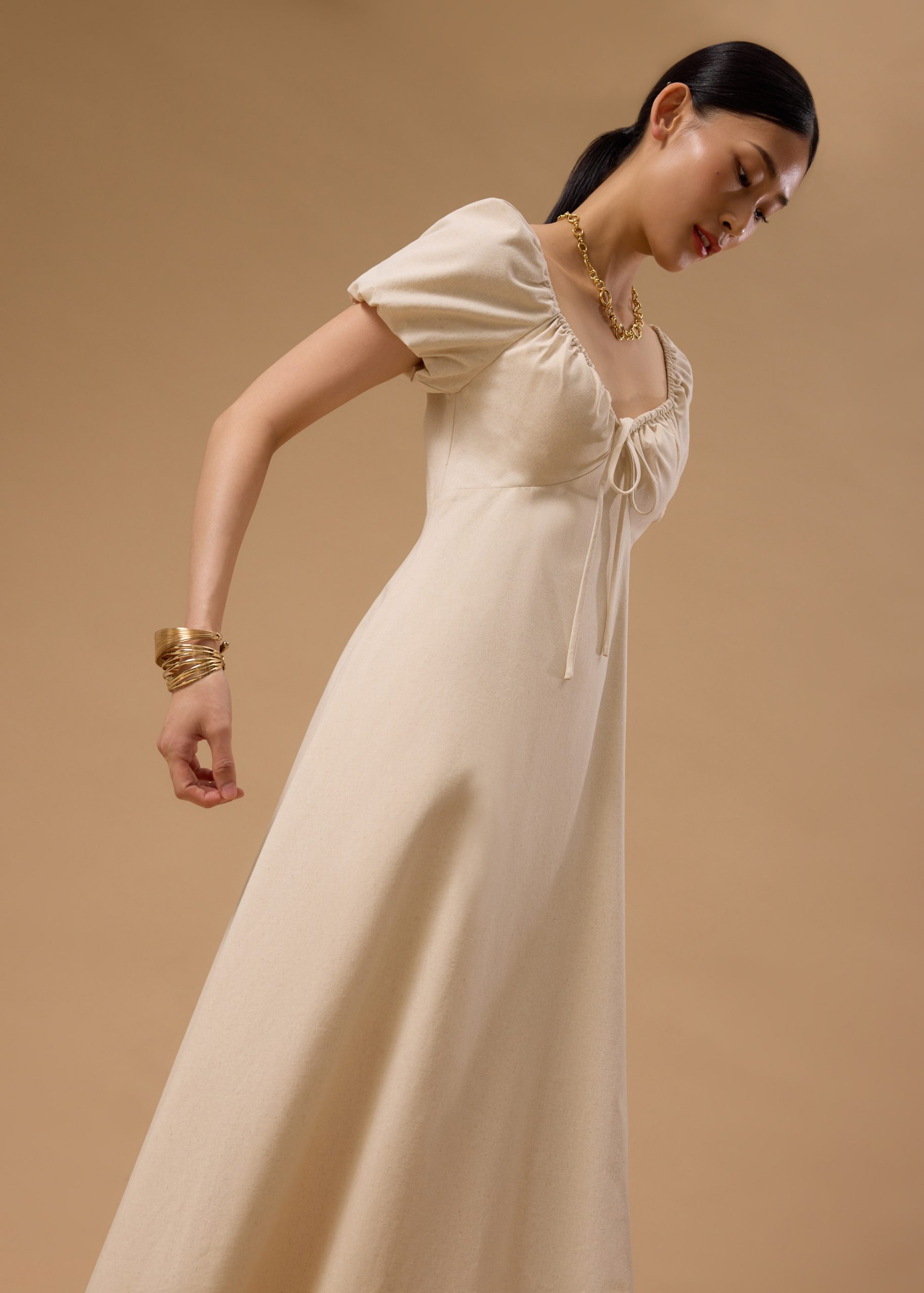 BraFree by LB Linen Sweetheart Puff Sleeve Midaxi Dress - Image 4