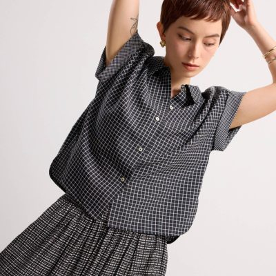 Check Collared Button Down Cap Sleeve Shell Top