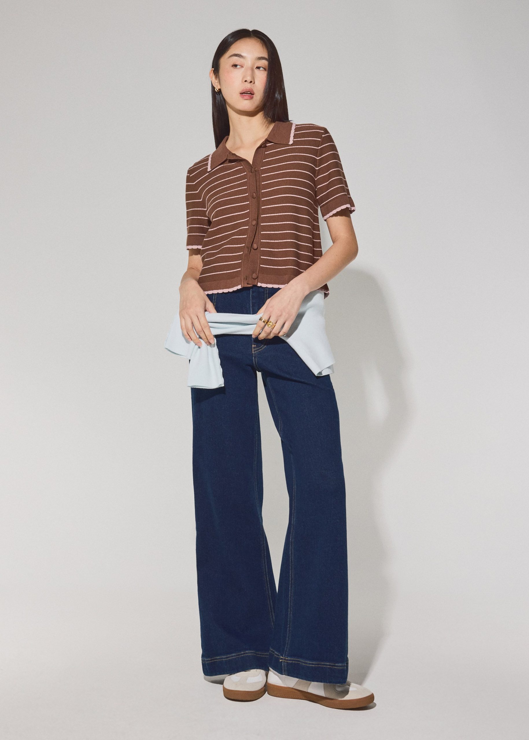 Relaxed Striped Knit Collared Button Down Top - Image 11