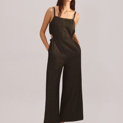 Denim Cut Out Straight Neck Jumpsuit