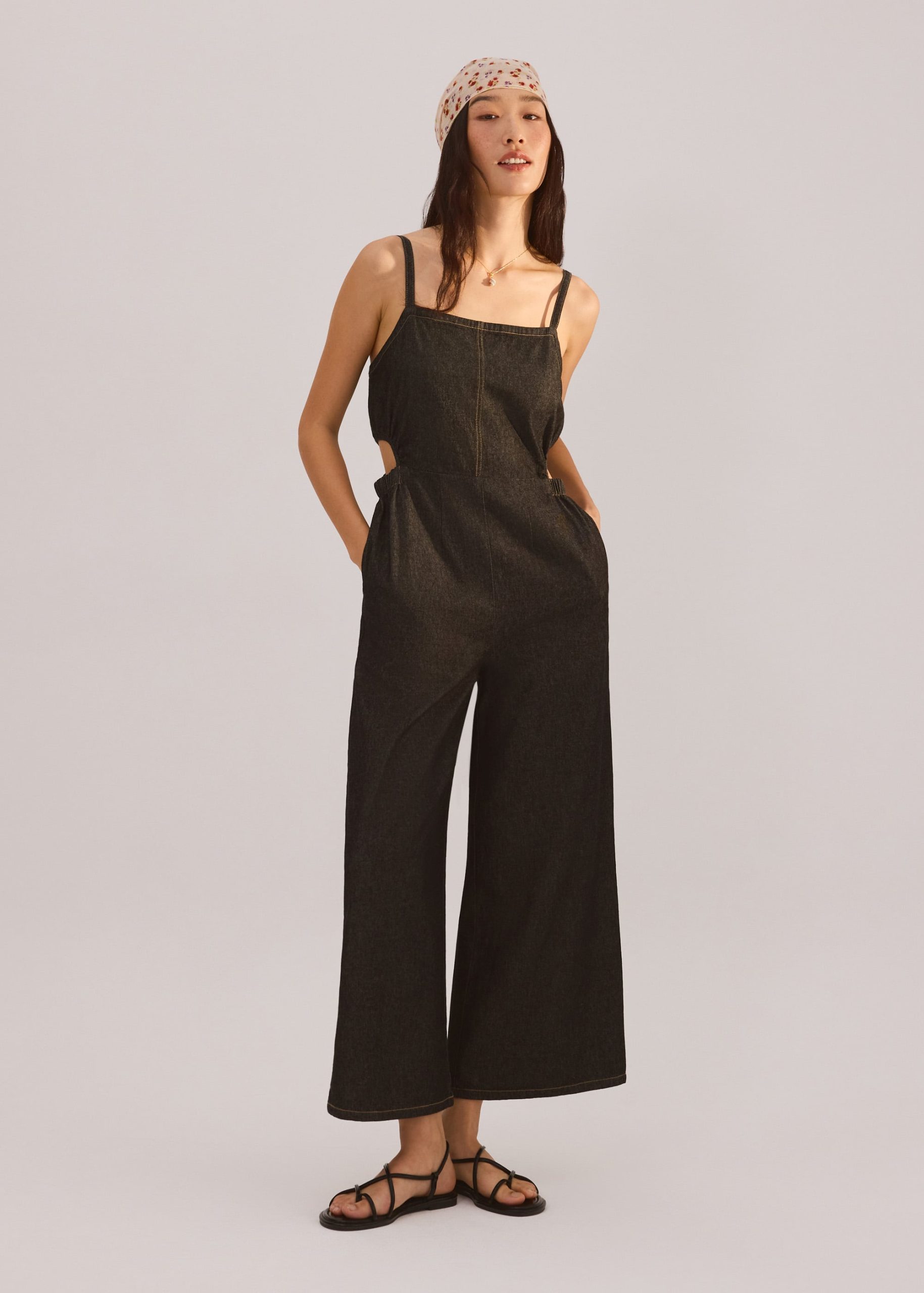 Denim Cut Out Straight Neck Jumpsuit