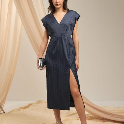 Striped V-neck Column Midaxi Dress
