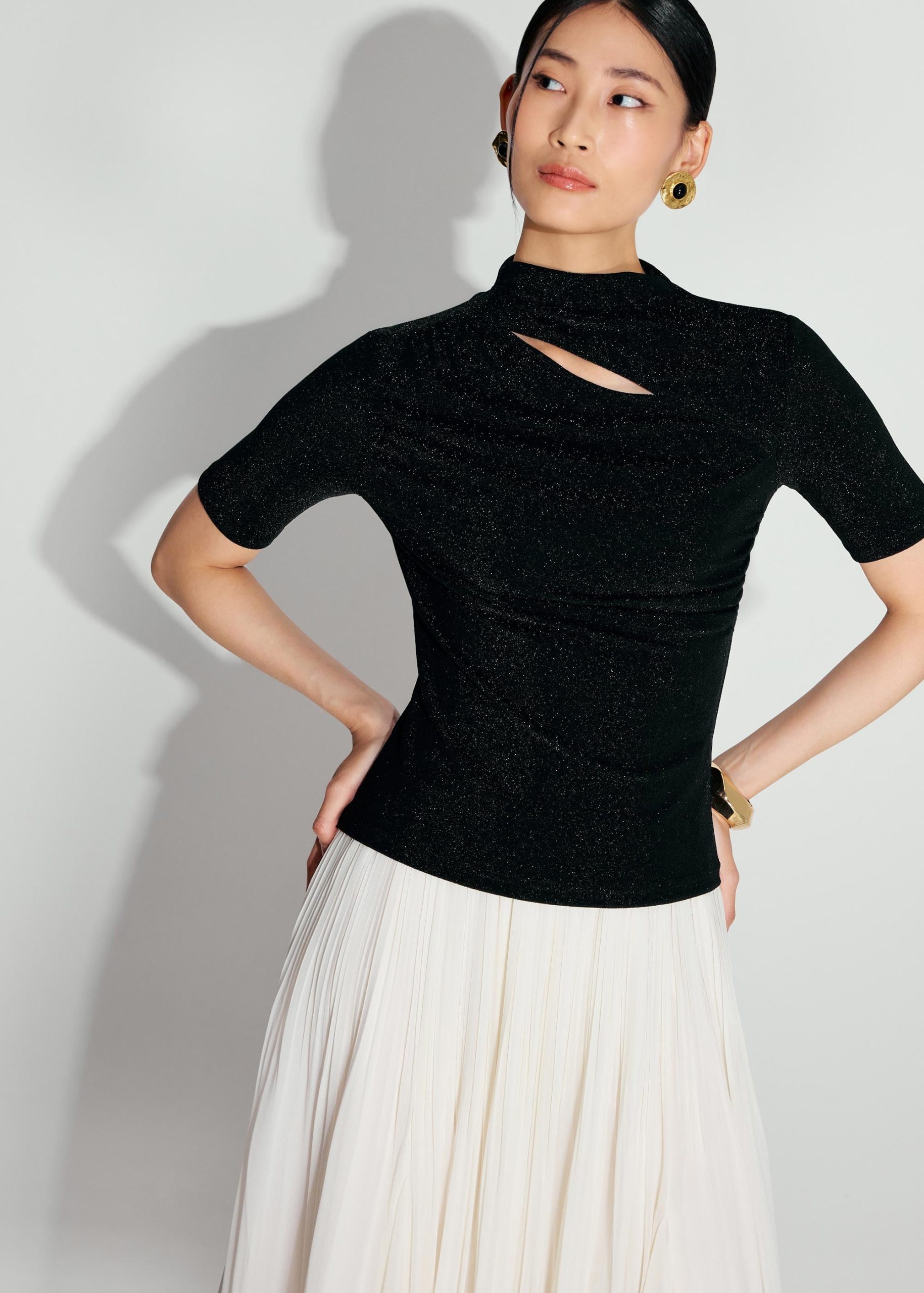 Lurex Jersey Cut Out Mock Neck Fitted Top - Image 2