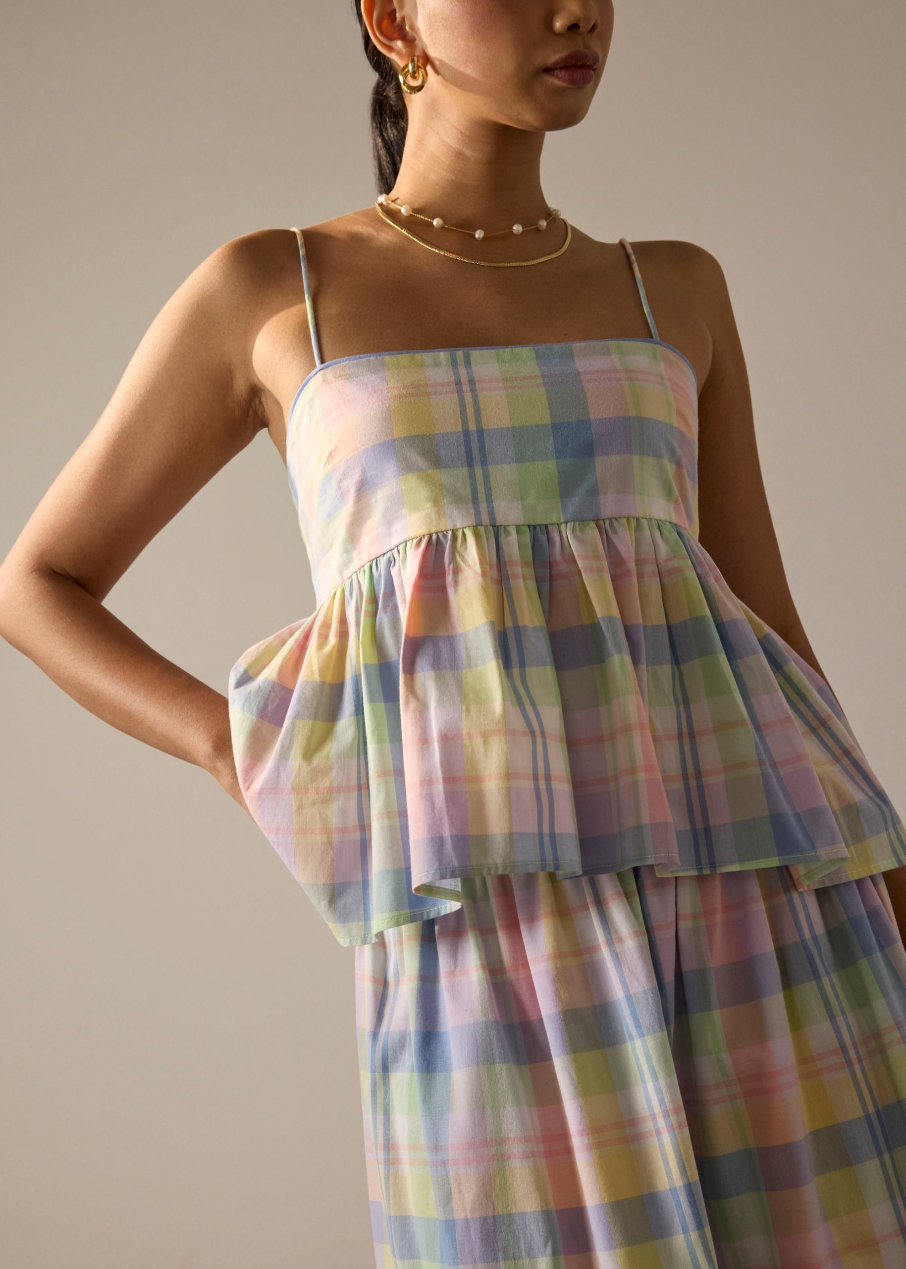 Checkered Cotton Peplum Camisole