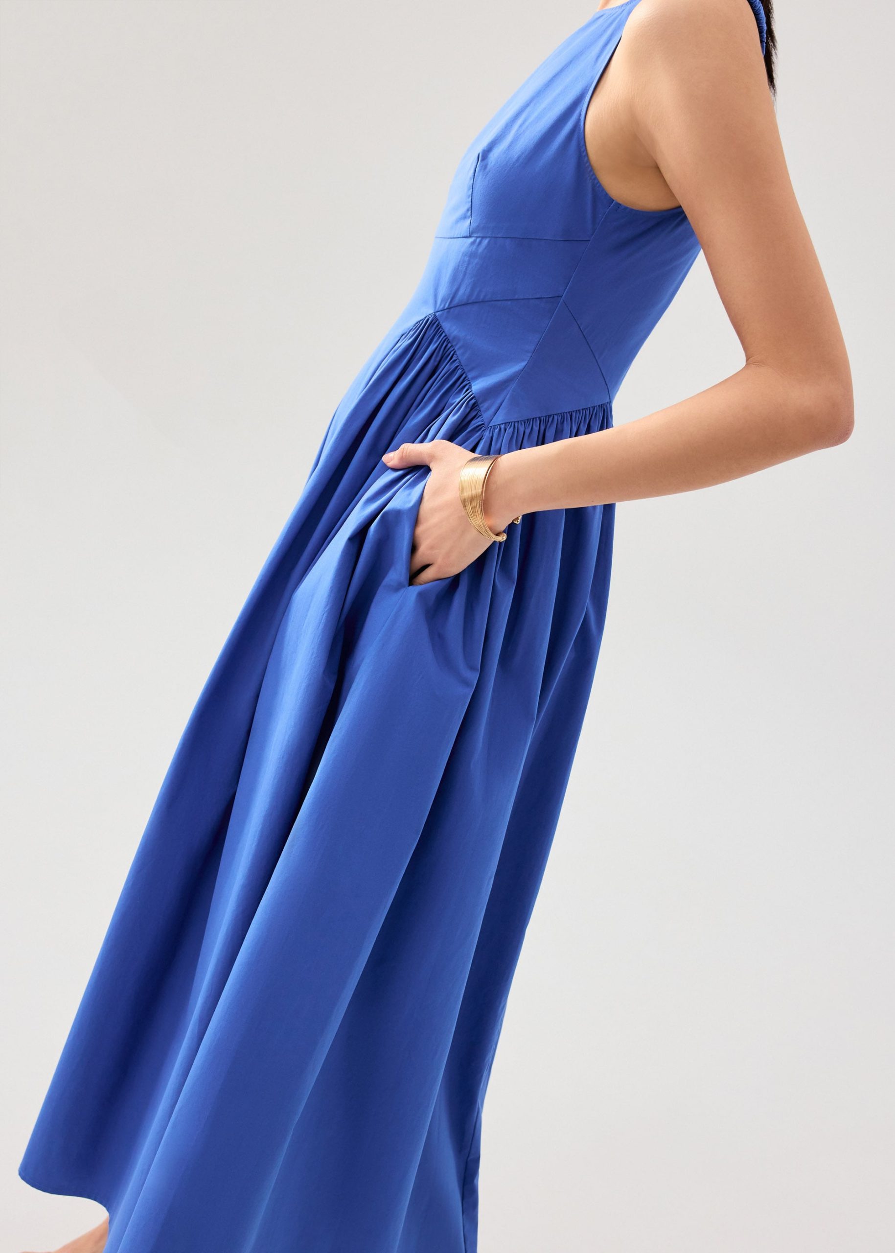 Elastic Strap Cotton Straight Neck Fit & Flare Maxi Dress - Image 2