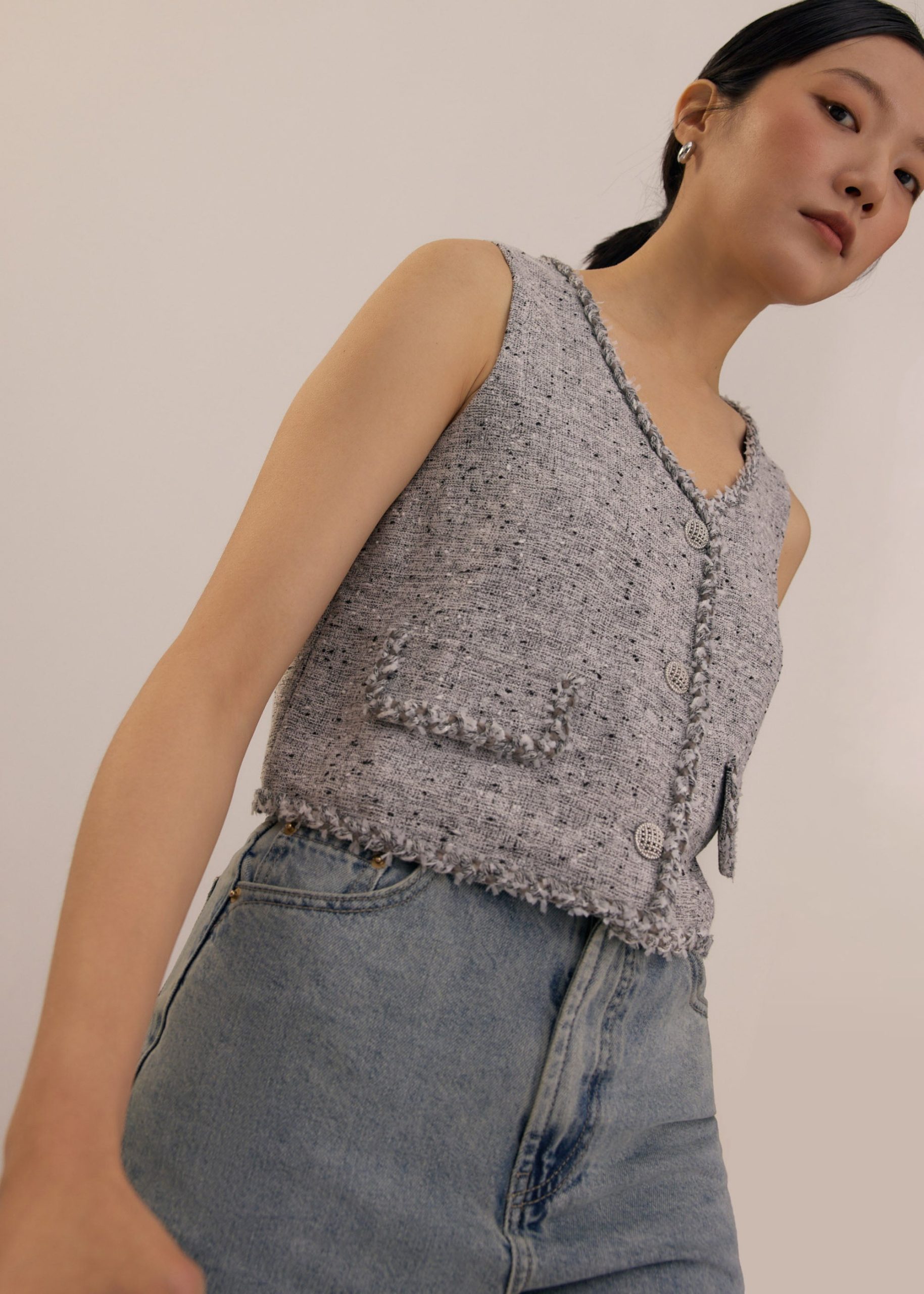 Tweed V-Neck Boxy Crop Vest - Image 6