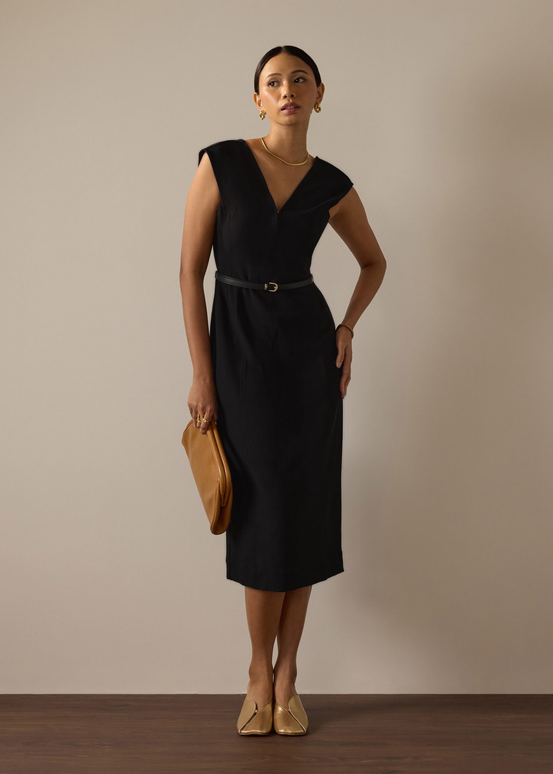 Sofi Belted V-neck Column Midaxi Dress