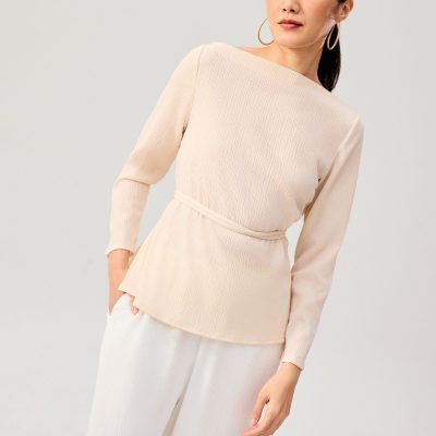 Sash Tie Crinkled Boat Neck Top