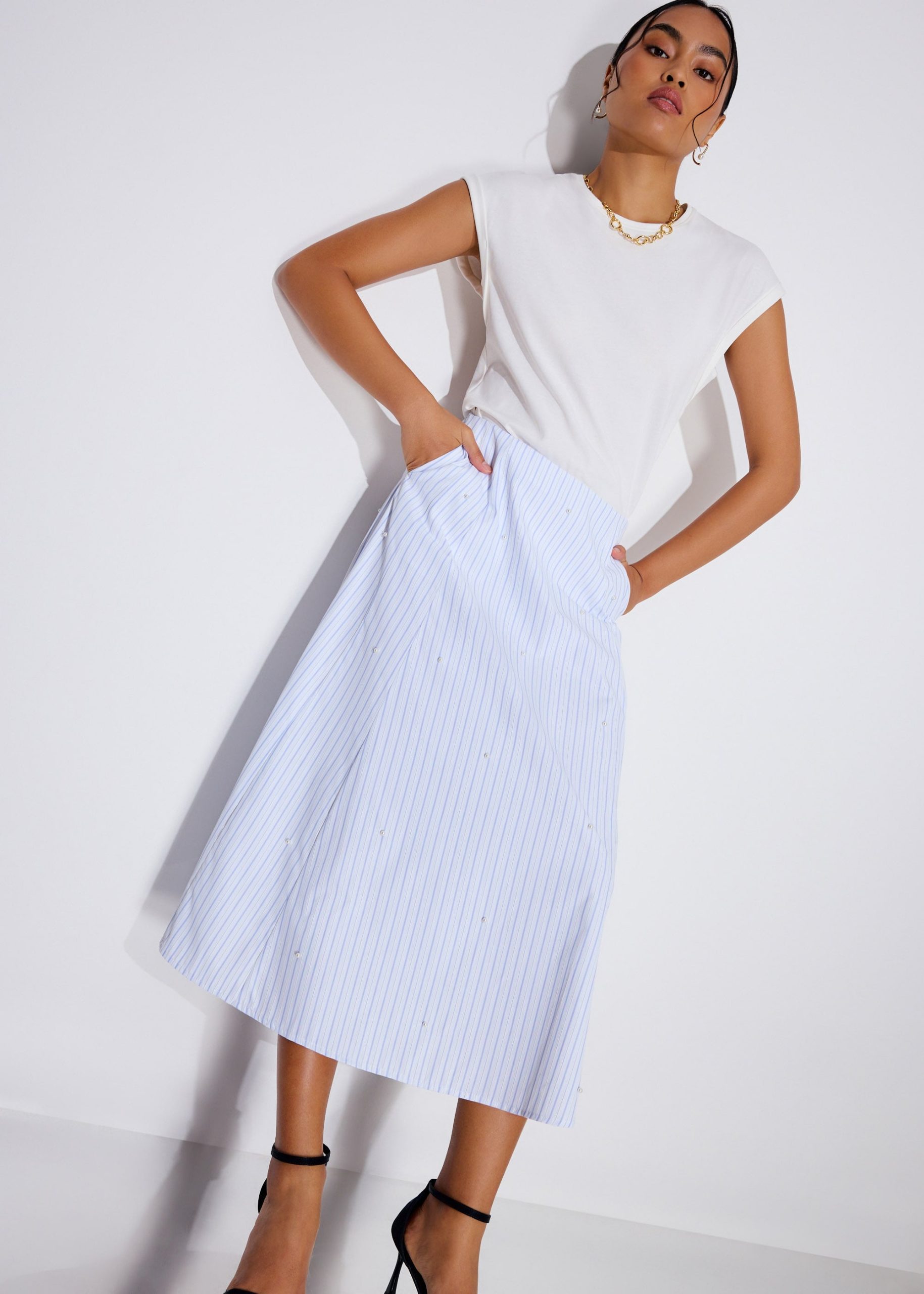 Pearl Embellished Pinstripe Flare Midaxi Skirt - Image 6