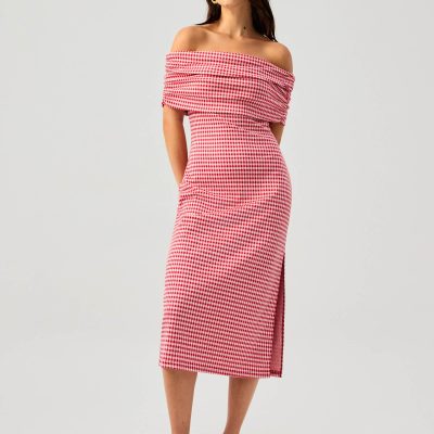 Gingham Jersey Off-Shoulder Column Midaxi Dress
