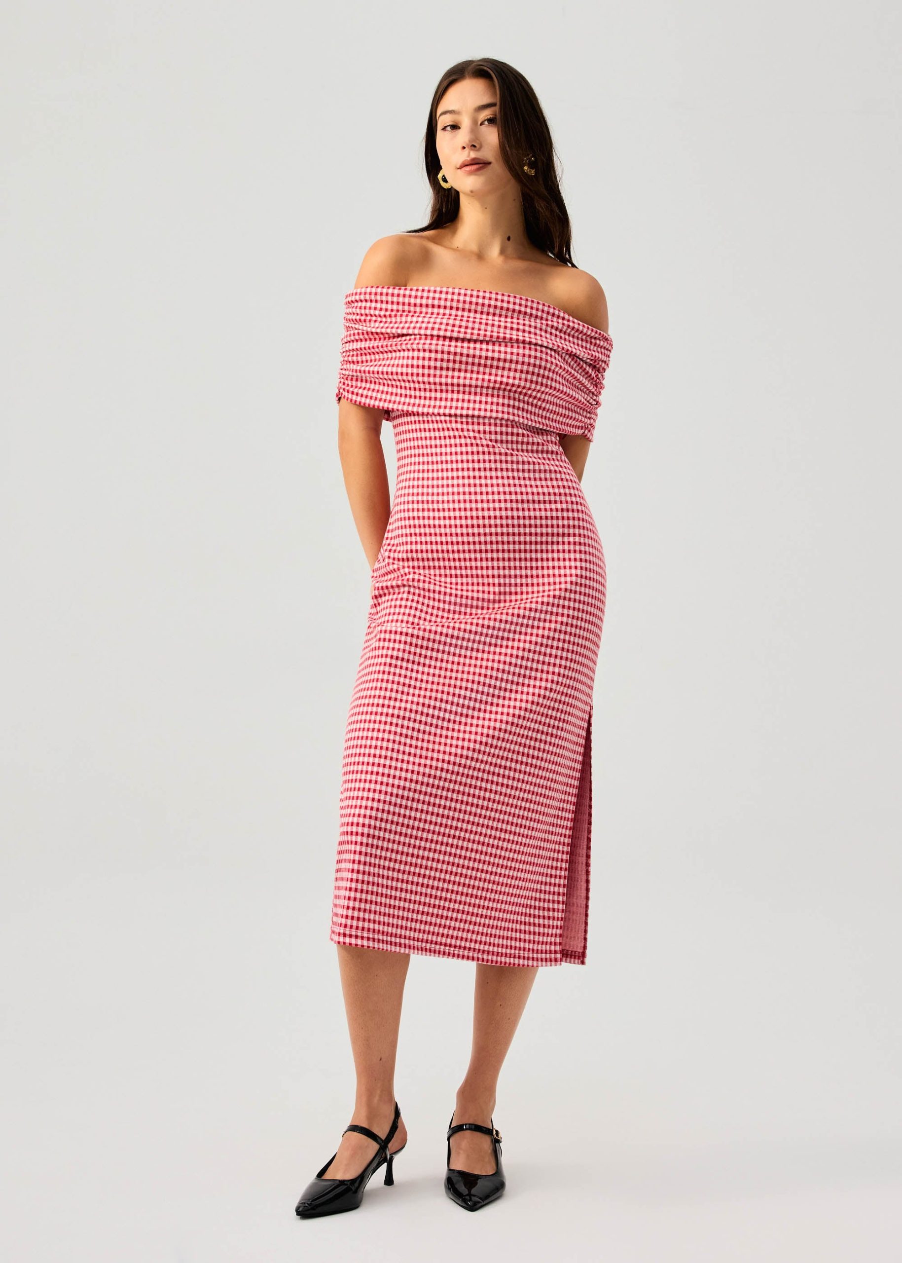 Gingham Jersey Off-Shoulder Column Midaxi Dress