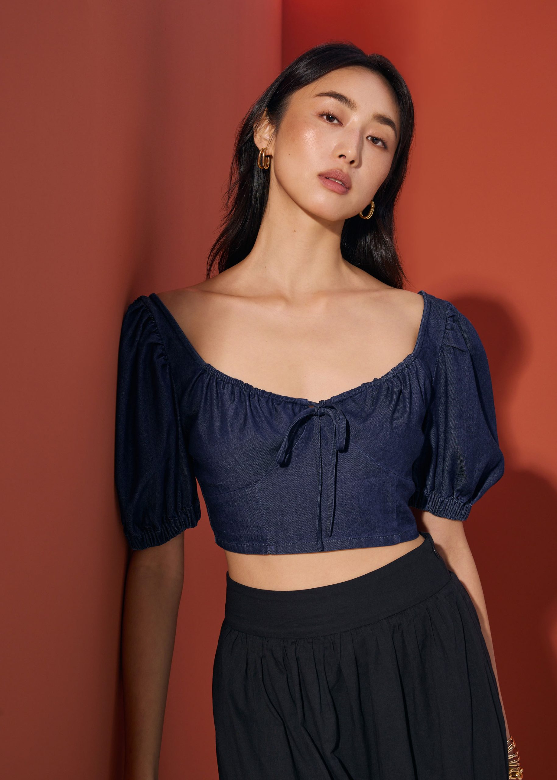 Chambray Puff Sleeve Crop Top - Image 5