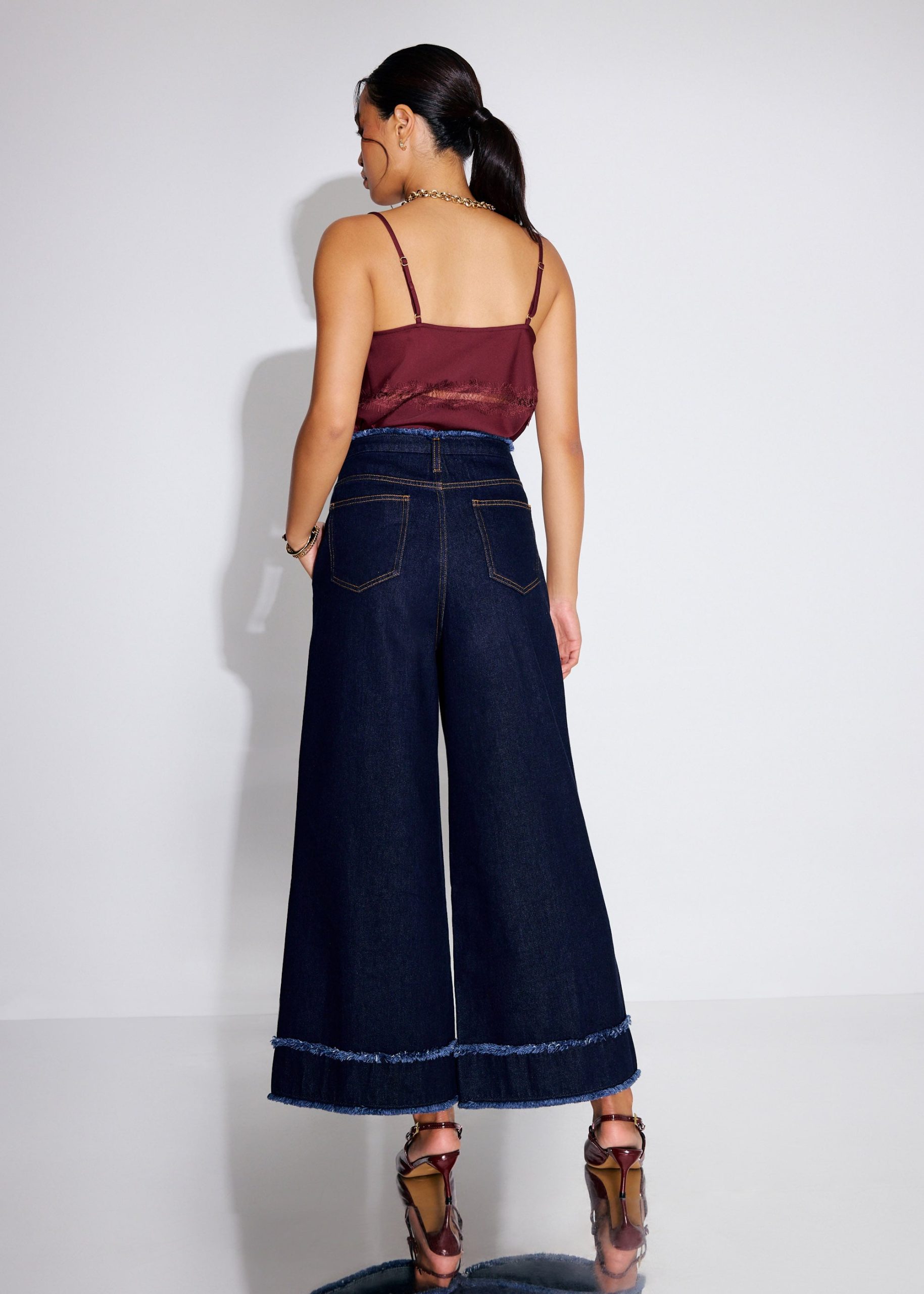 Denim Frayed Hem Mid Waist Wide Leg Jeans - Image 6