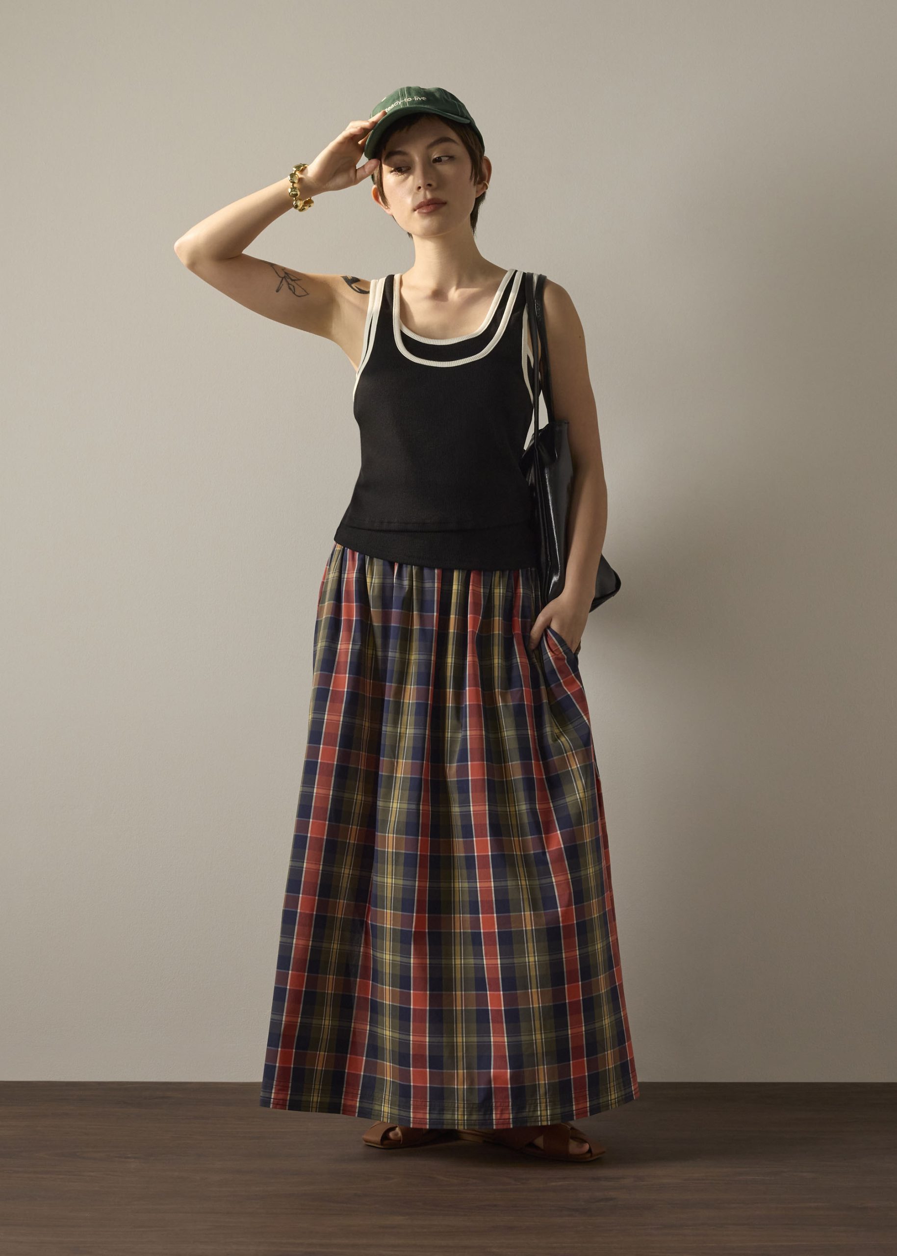 Checkered Cotton Flare Maxi Skirt - Image 5