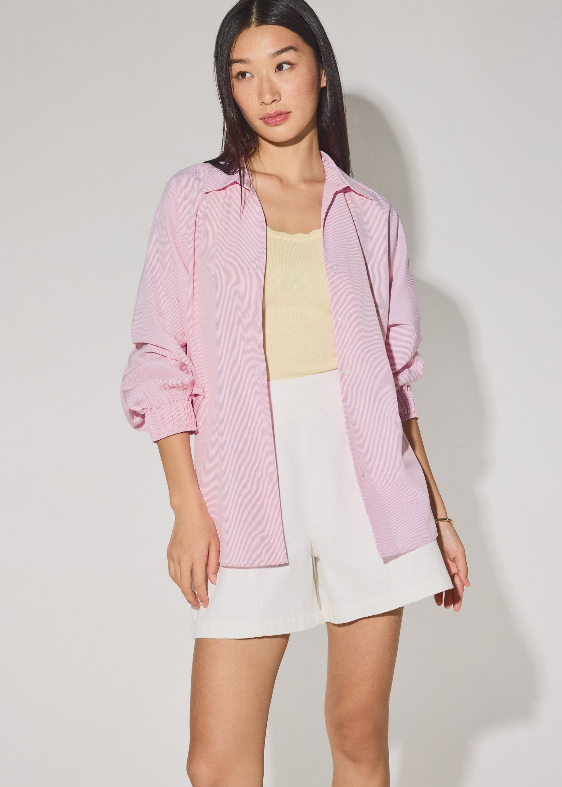 Striped Cotton Collared Puff Sleeve Button Down Top - Image 7