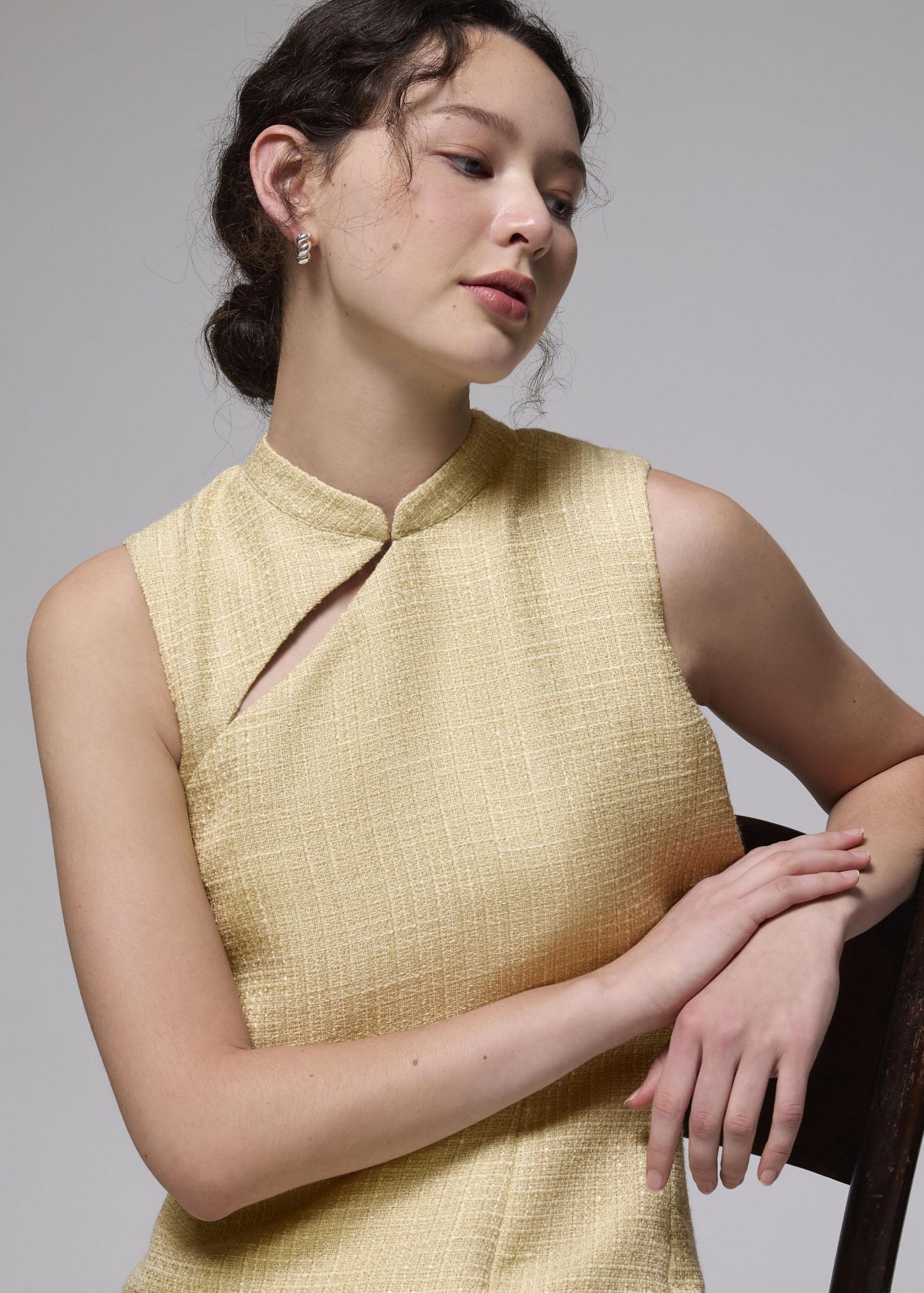 Tweed Mandarin Collar Column Midi Dress