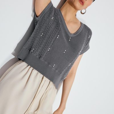 Relaxed Pearl Embellished Cable Knit Shell Top