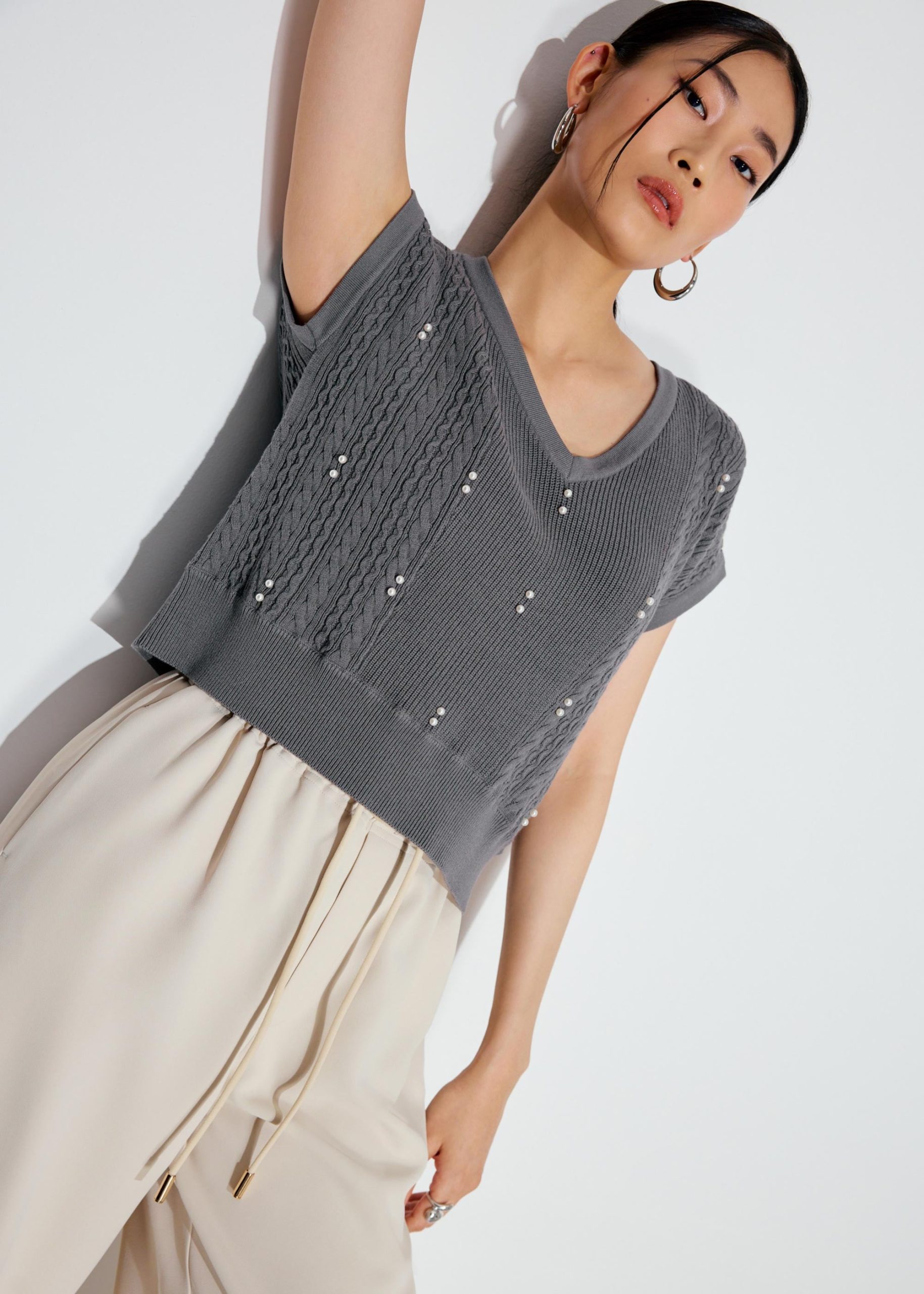 Relaxed Pearl Embellished Cable Knit Shell Top