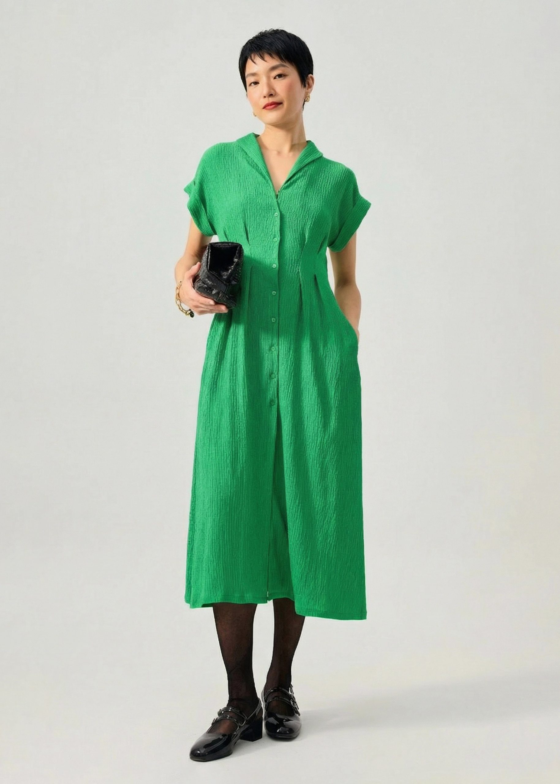 Crinkled Collared Button Down Fit & Flare Midi Dress - Image 13